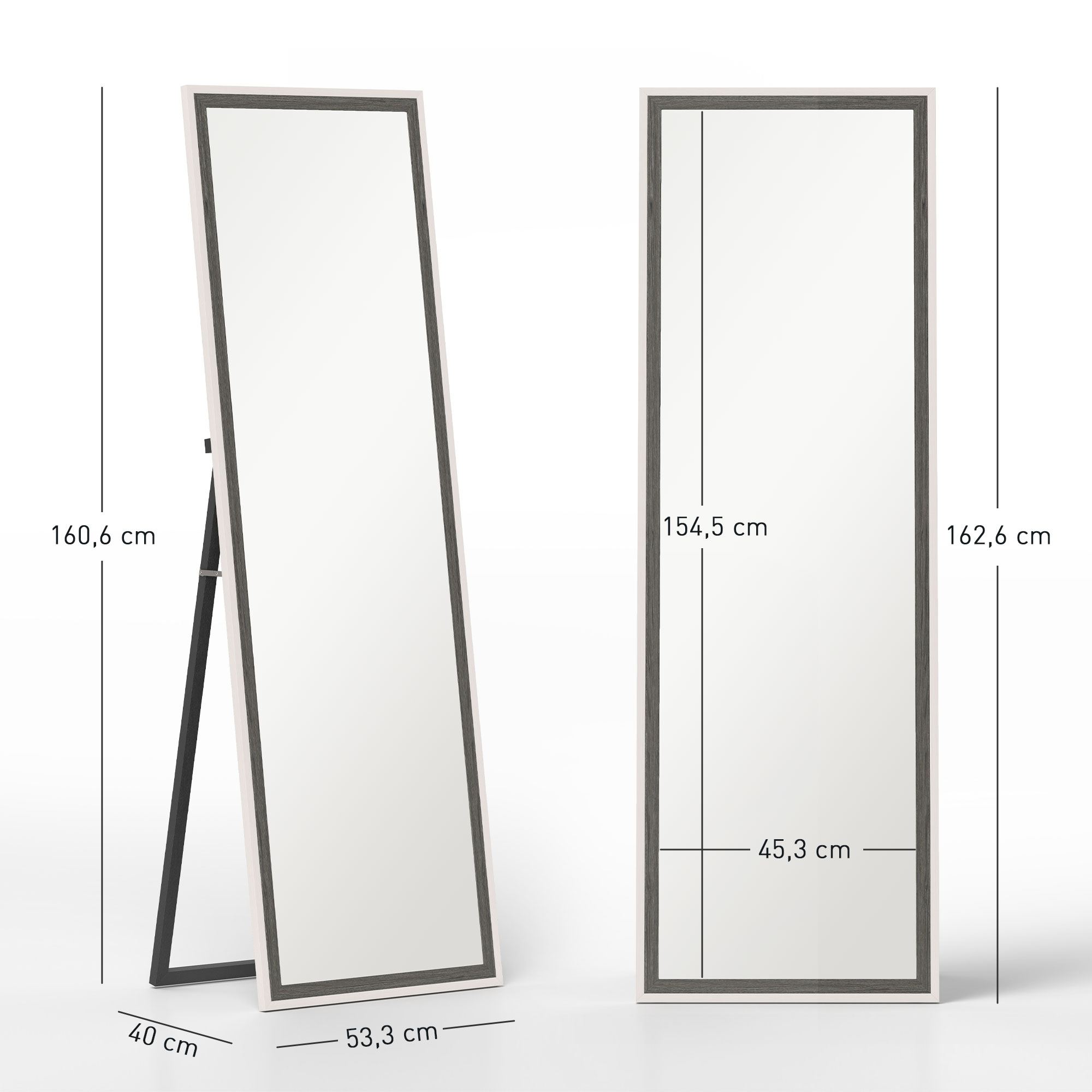 Ganzkörperspiegel, MDF-Rahmen, splitterfreie Folie, 162,6 x 53,3 cm, Grau