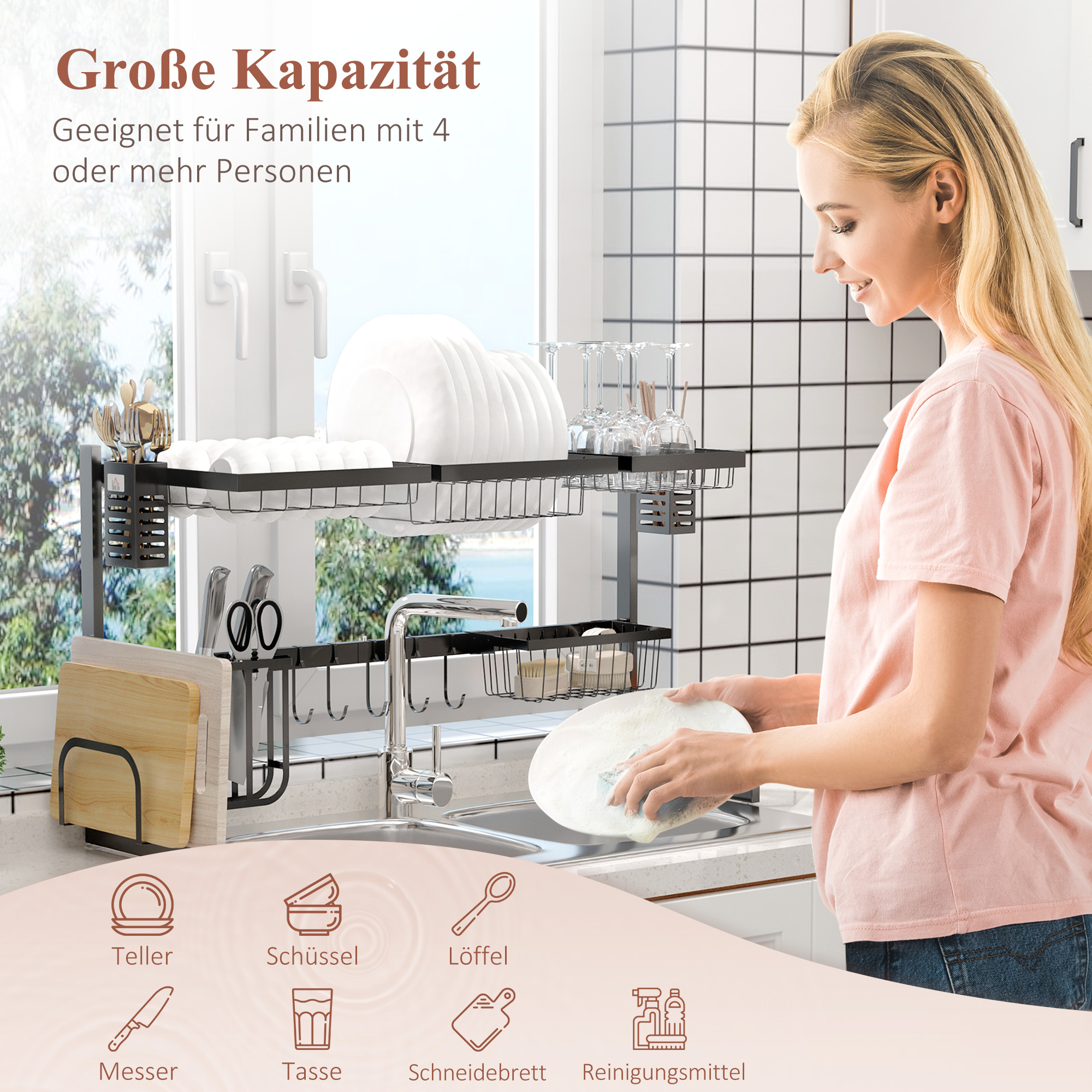 Geschirrkorb, Modularer Geschirrhalter aus Metall, bis zu 23 kg belastbar, Schwarz