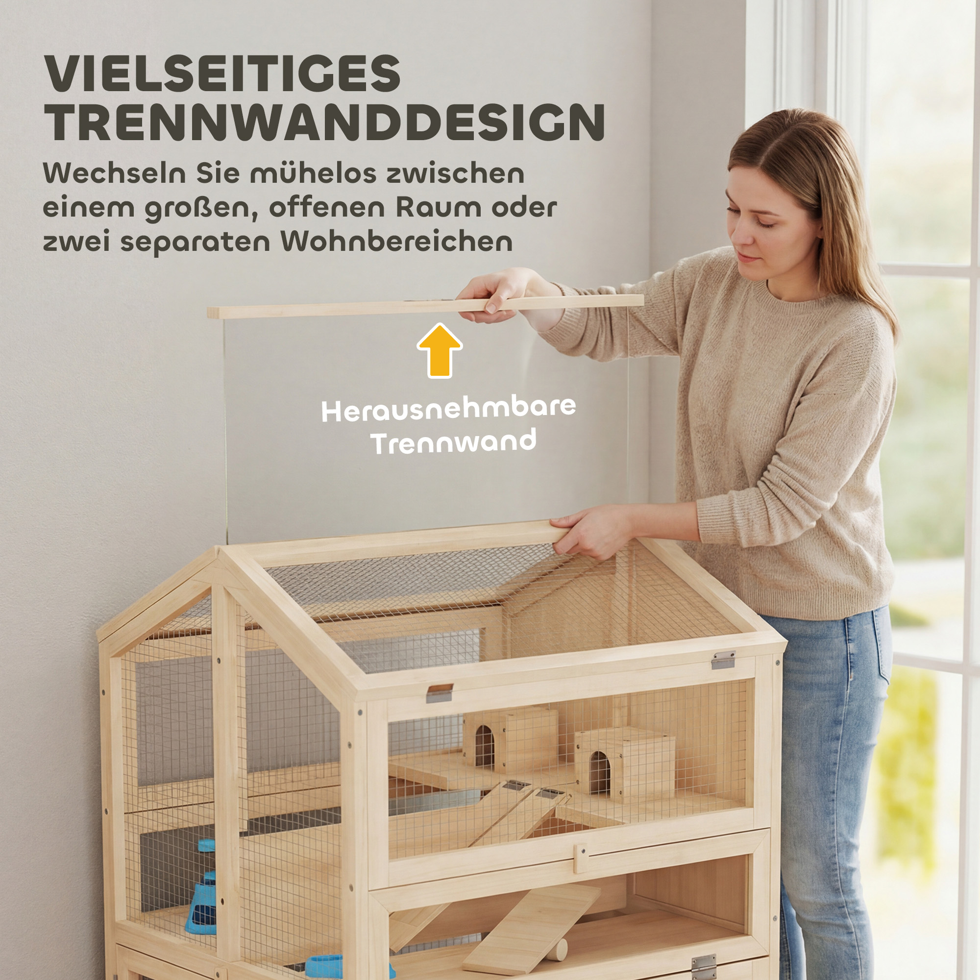 Hamsterkäfig aus Holz 3 Etagen Nagerkäfig Kleintierkäfig mit Hütten Wippen Rampen Wasserschalen 68x61,5x90 cm Naturholz