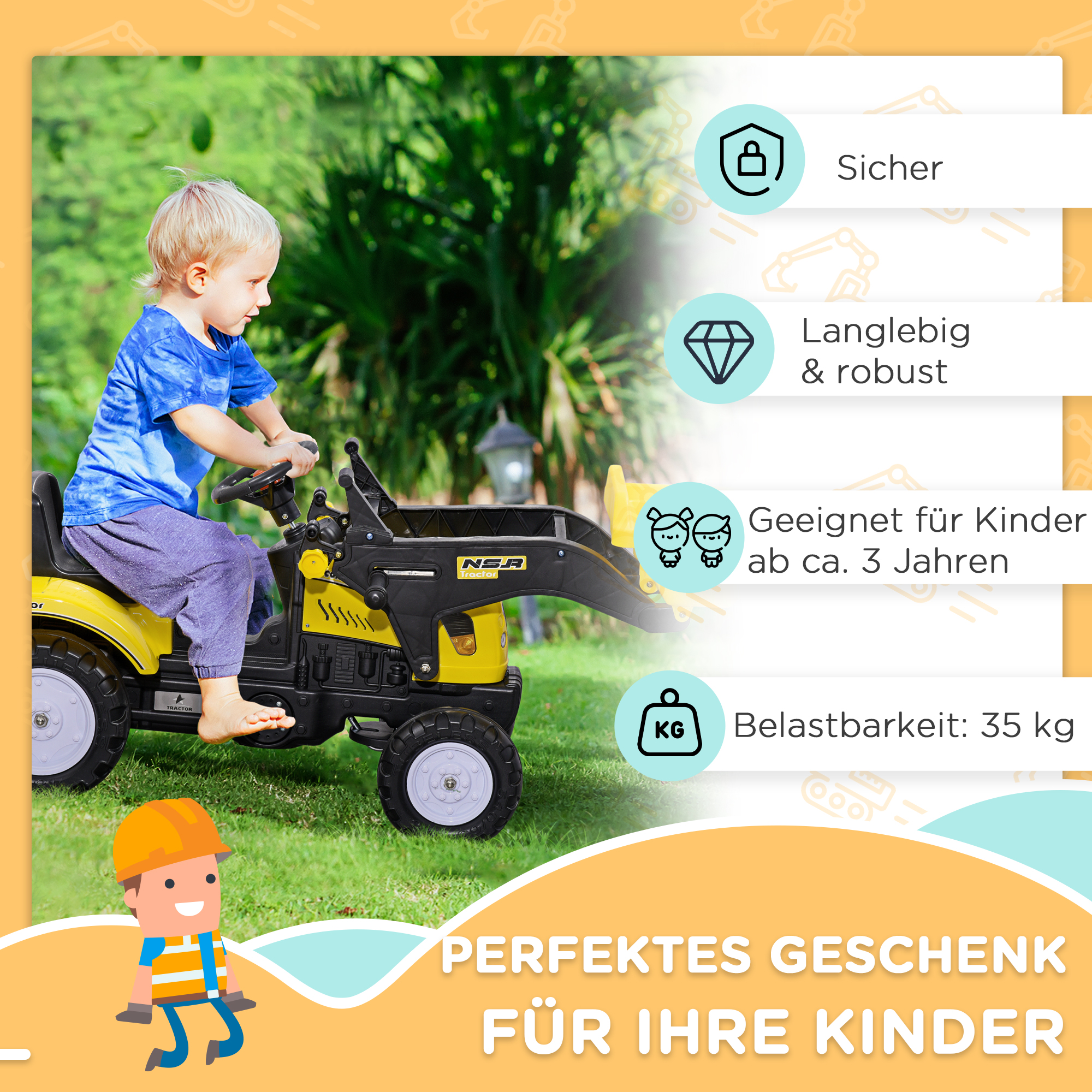 Kinder-Radlader, bewegliche Schaufel, Hupe, Pedalantrieb, ab 3 Jahren, Metallrahmen, gelb, 114 x 41 x 52 cm