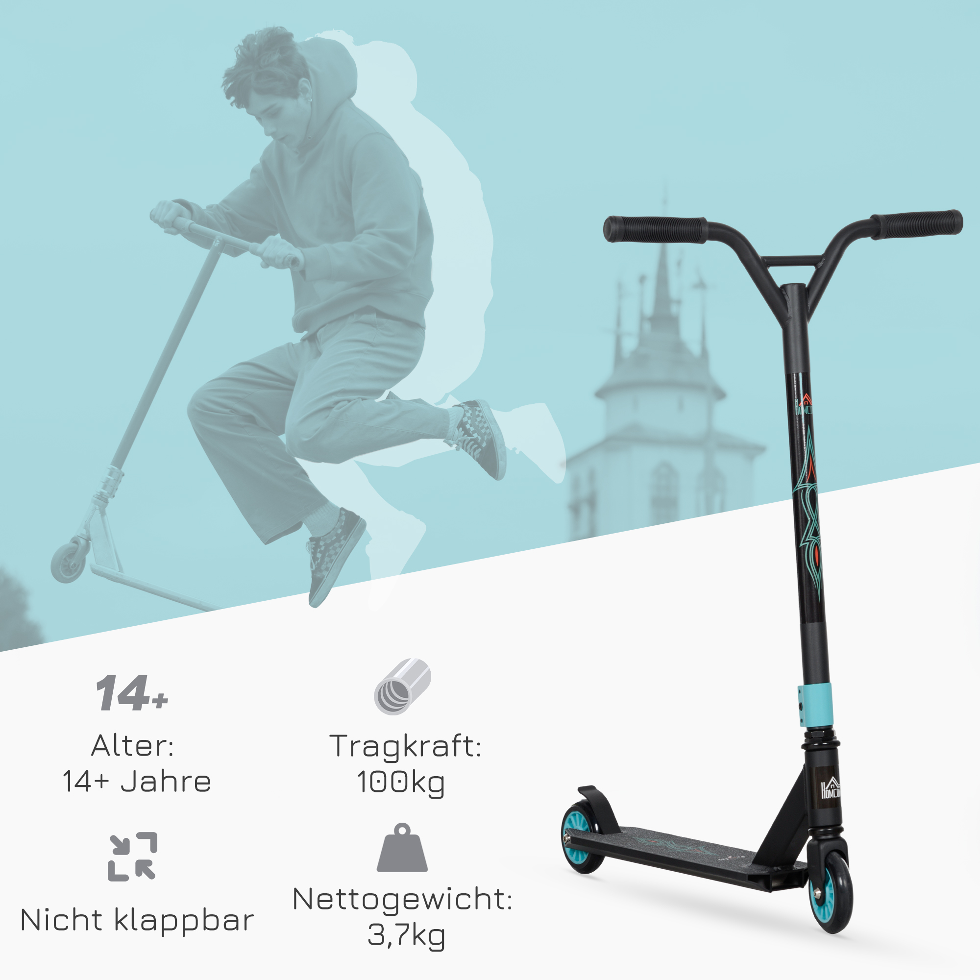 Pro Stunt-Scooter, Tretroller für Freestyle Tricks, Aluminium, Metall, Kunstleder, für Kinder und Erwachsene, Grün