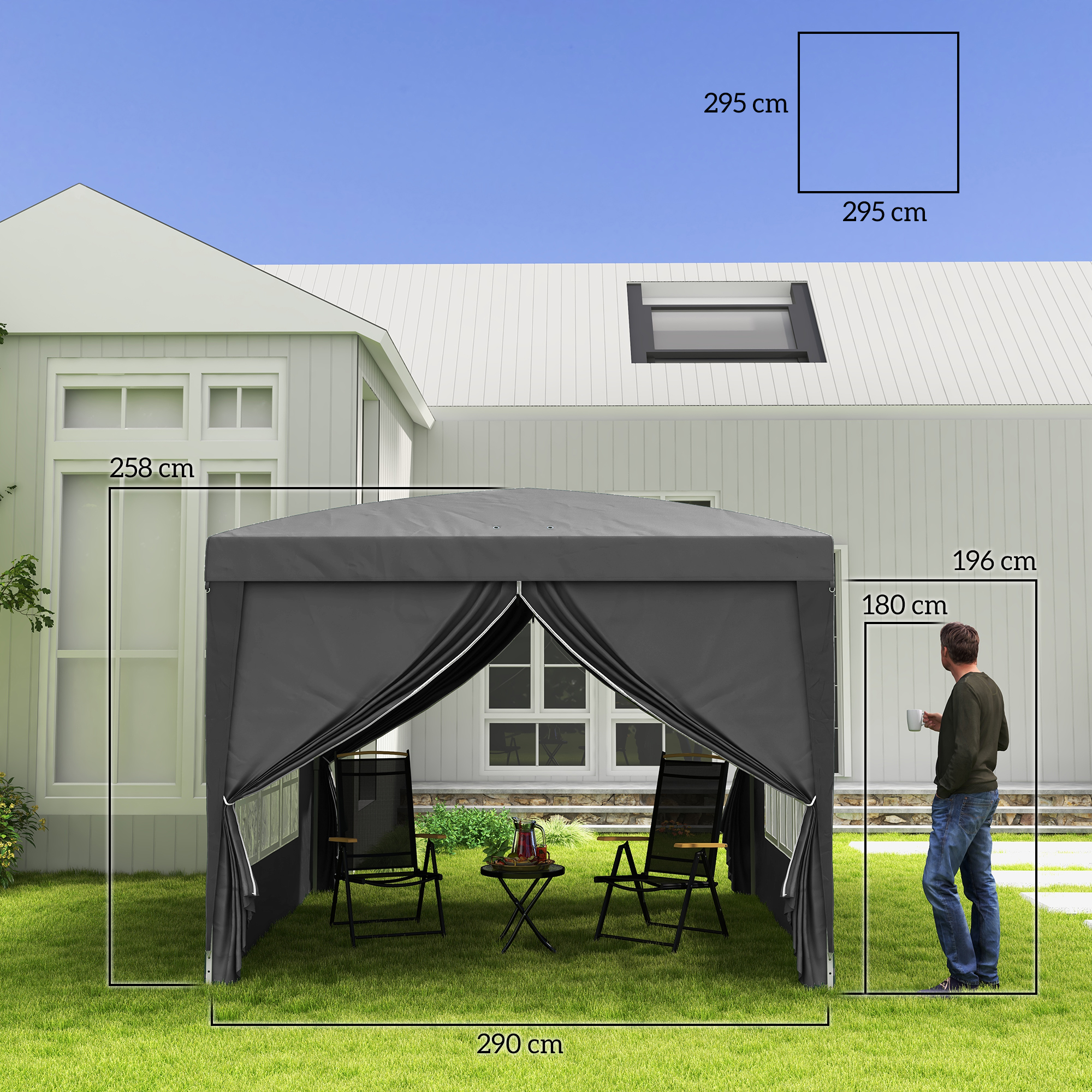 3 x 3 m Pavillon mit 4 Seitenwänden, Fenster, Festzelt mit UV-Schutz, Gartenzelt inkl. Tragetasche, Stahl, Grau