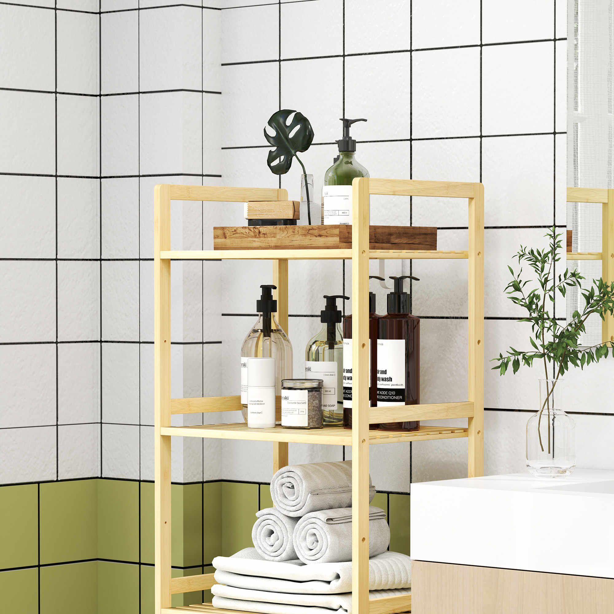 Bambus-Badezimmerregal mit 5 Ebenen, Aufbewahrungsregal mit verstellbaren Regalböden, 43,5 x 31,5 x 142 cm, Naturholz