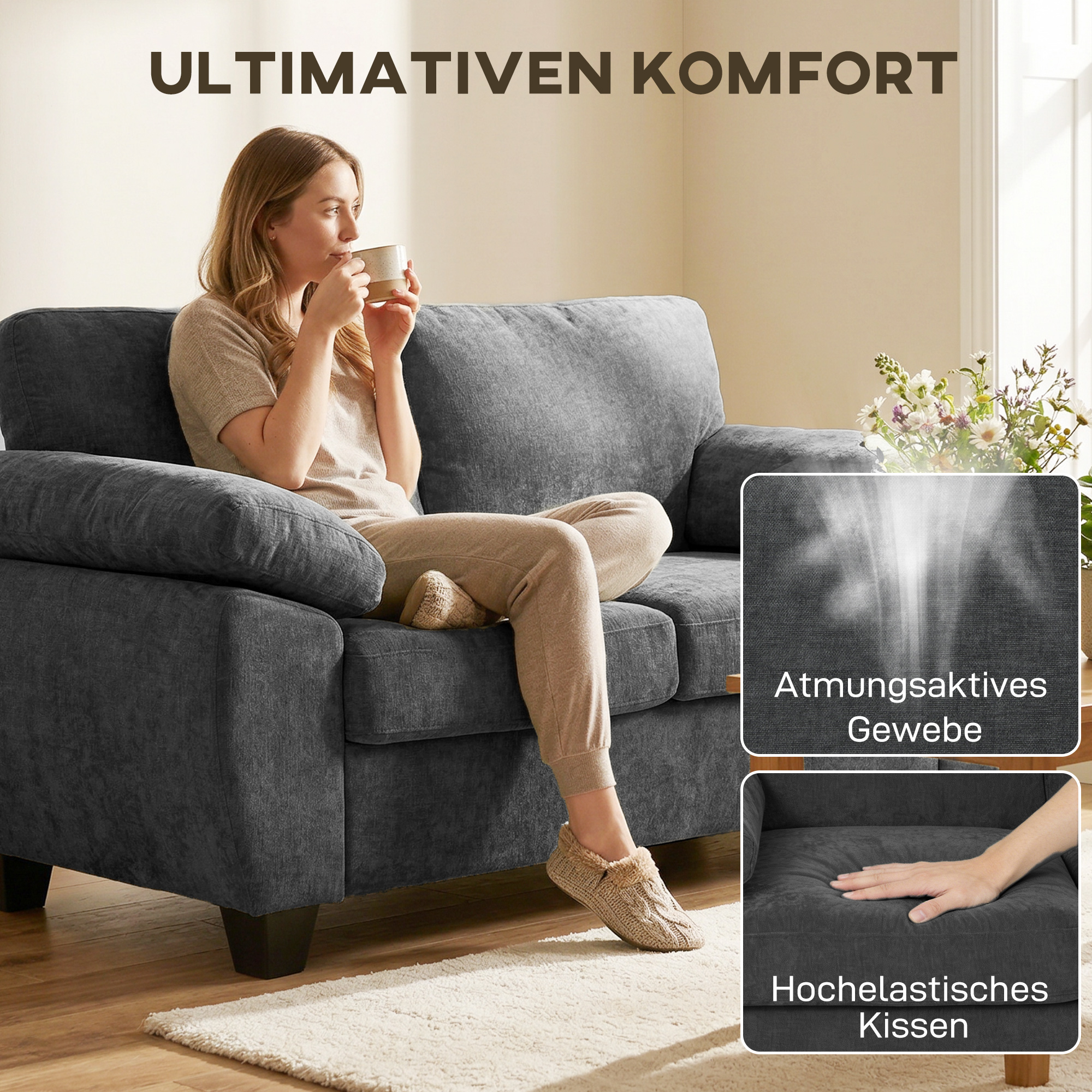 2-Sitzer-Sofa, 156 cm Chenille-Sofa mit dicken Federkernpolstern, breiten gepolsterten Armlehnen, 300 kg Tragkraft, Dunkelgrau