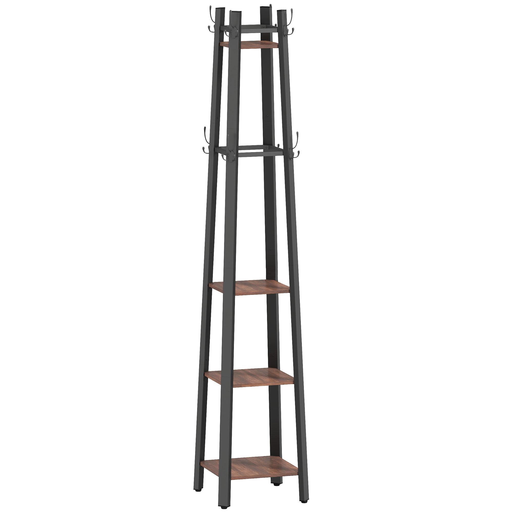 Garderobenständer mit 4 Ebenen, freistehender Kleiderständer, 8 Haken, 4 Regale, Industrie-Stil, Metall, Spanplatte, Braun Garderobenständer mit 4 Ebenen, freistehender Kleiderständer, 8 Haken, 4 Regale, Industrie-Stil, Metall, Spanplatte, Braun