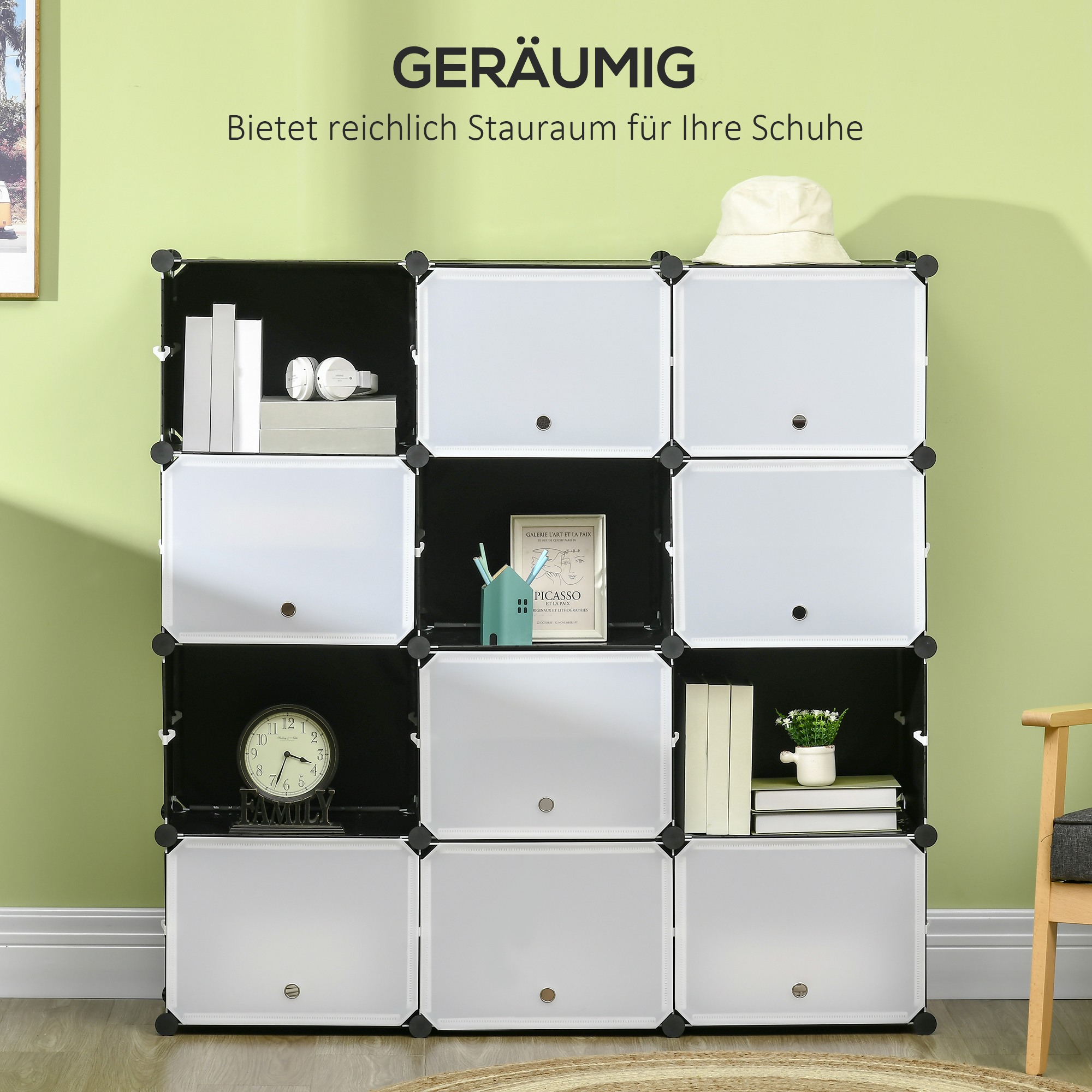 Modulares Regalsystem, Steckregal, zusammensetzbar aus 12 Würfeln 125 x 32 x 125 cm, Kunststoff+Stahl Schwarz