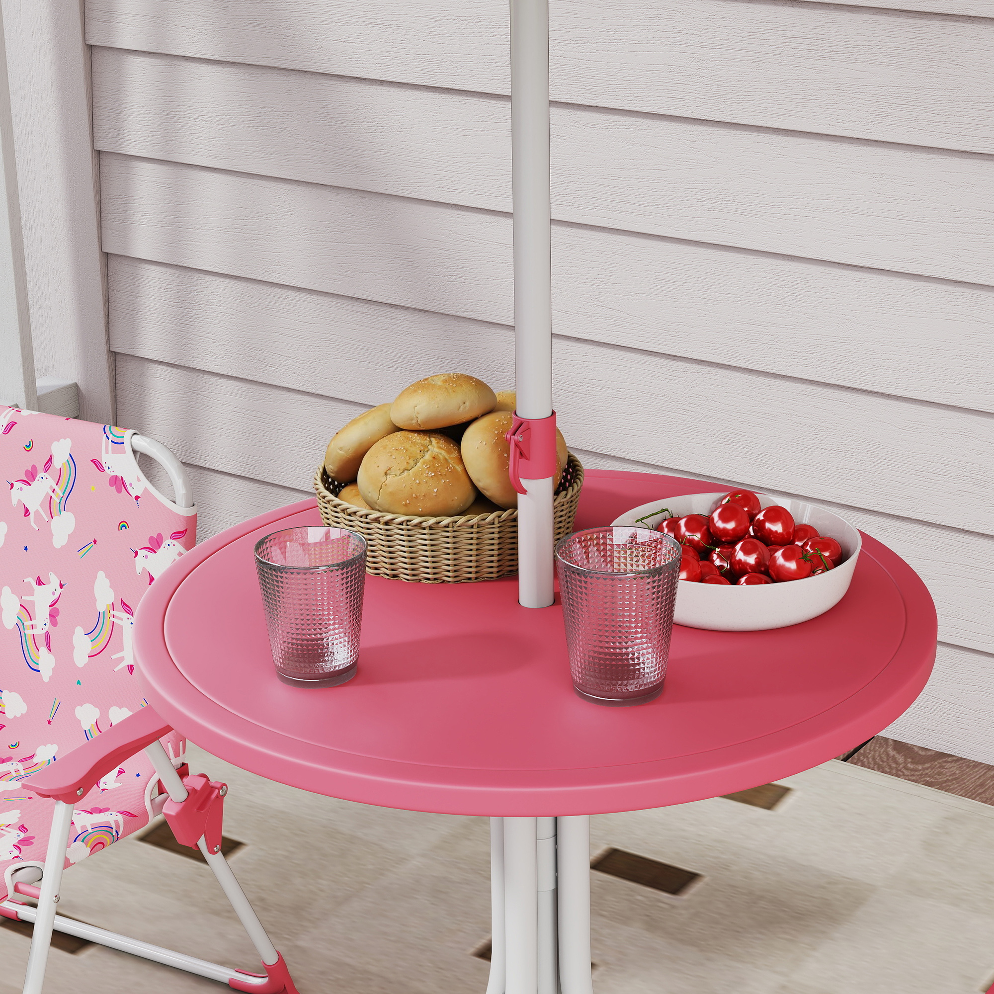 Kindersitzgruppe, 4 teilige Kindersitzgarnitur mit abnehmbarem Sonnenschirm, Kindertisch mit 2 Klappstühlen, Rosa