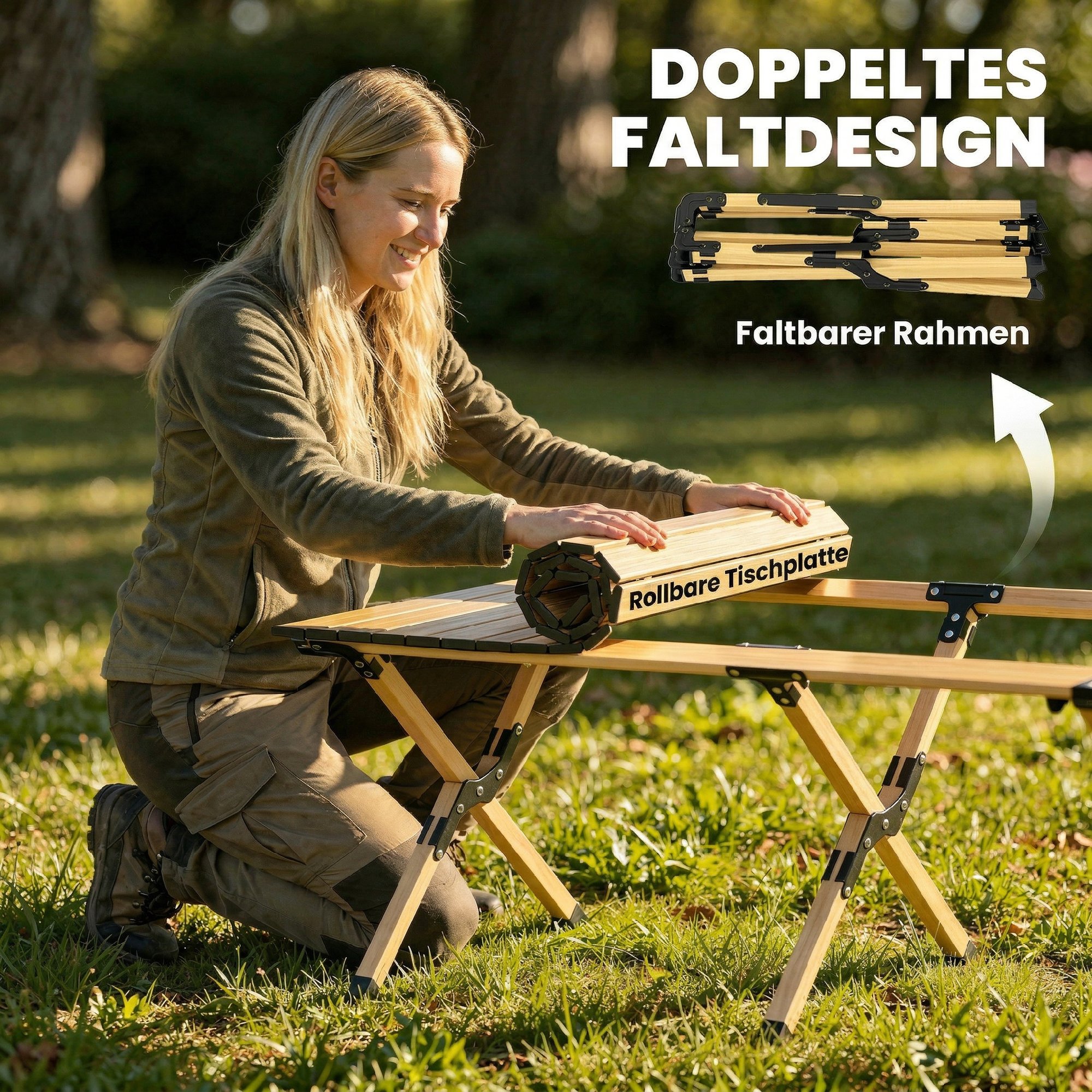 Campingtisch 117 x 60 cm Aluminium Klapptisch mit Aufrollbare Tischplatte Holz-Optik Tragetasche wasserdicht