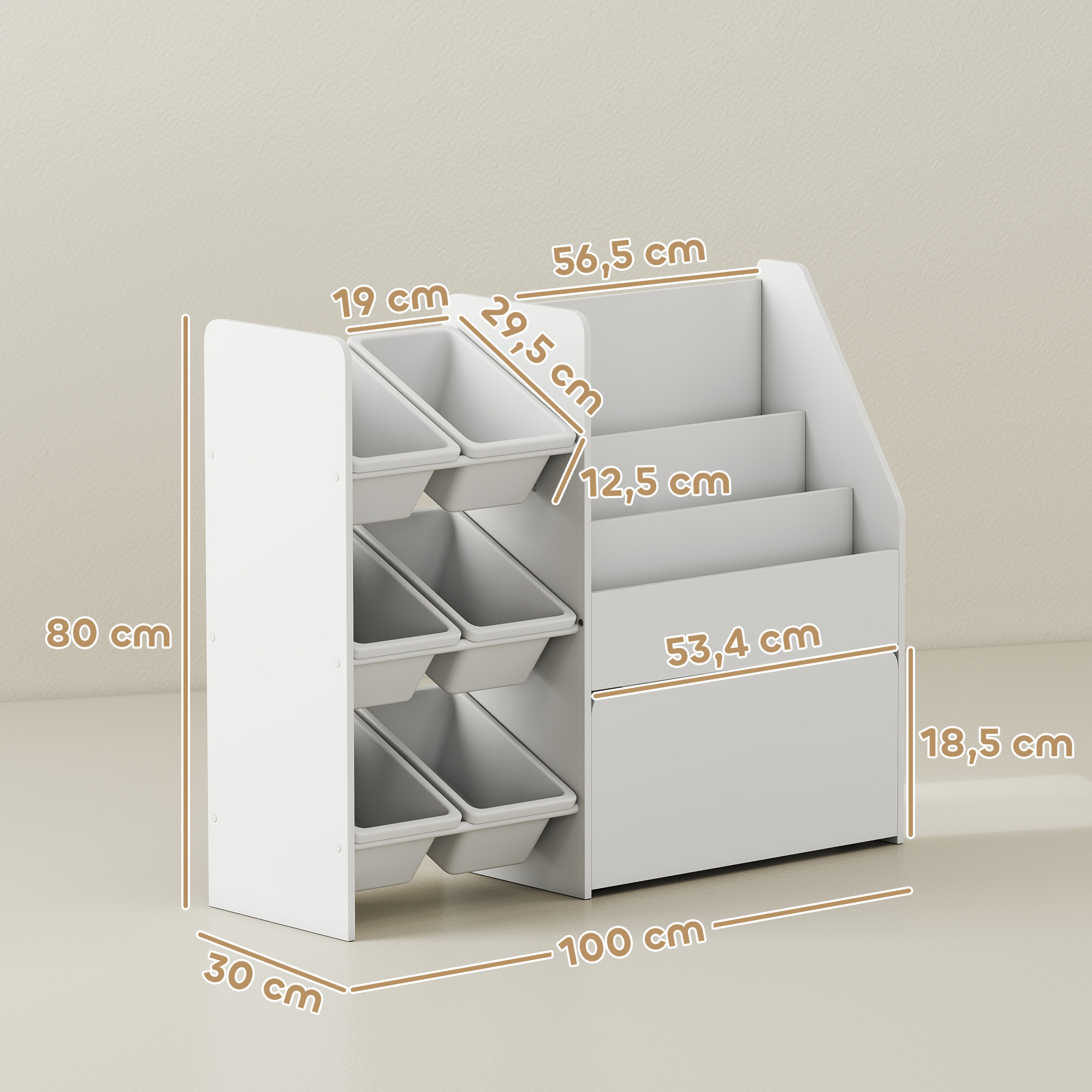 Spielzeugregal, Kinderzimmerregal mit 6 Behälter, Bücherablage, rollbare Box, 100 x 30 x 80 cm, MDF, Stahl, Weiß