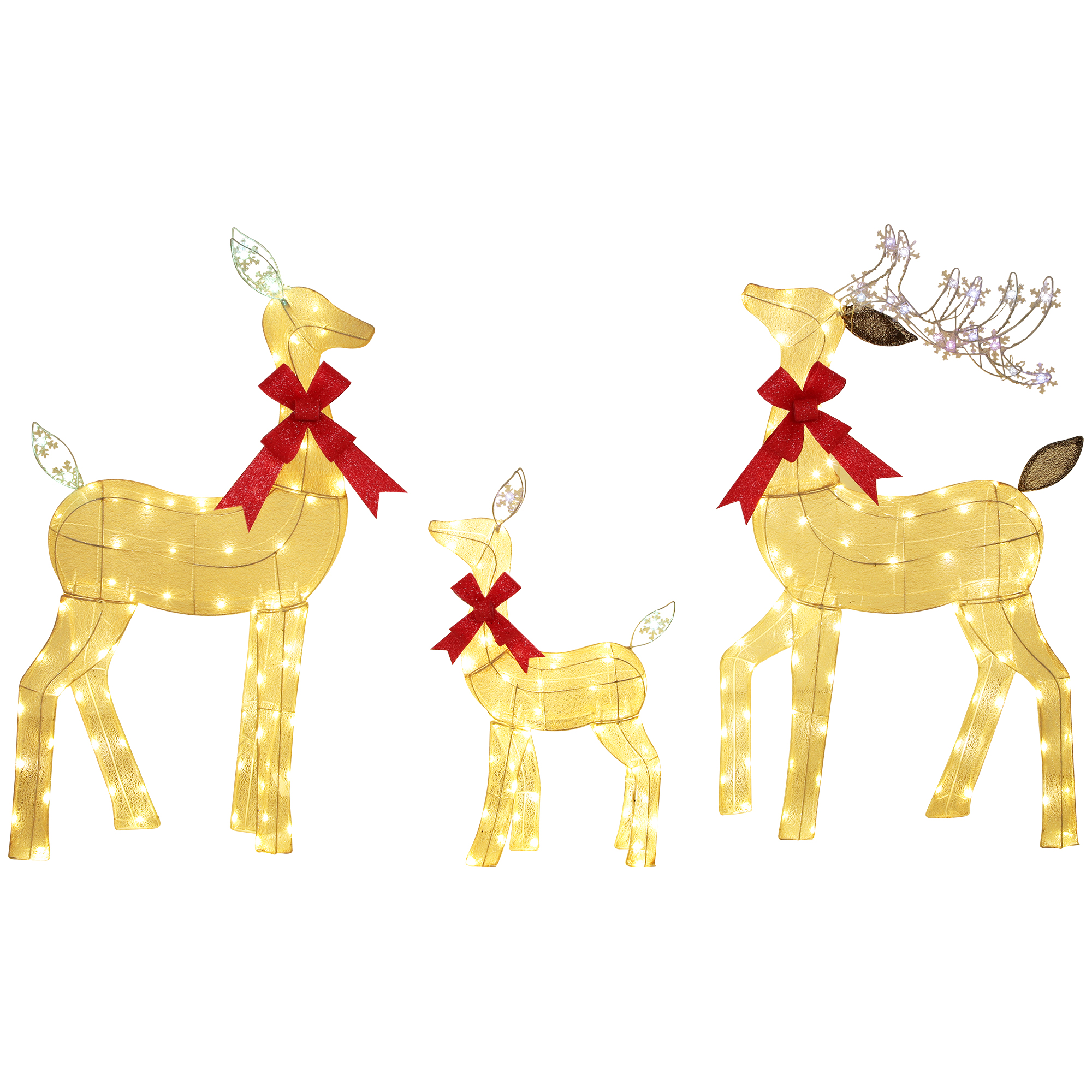 3-teilige Weihnachts-Dekoration, Rentier-Familie mit LED-Beleuchtung, rote Schleife, Stahl, Polyester, wasserfest