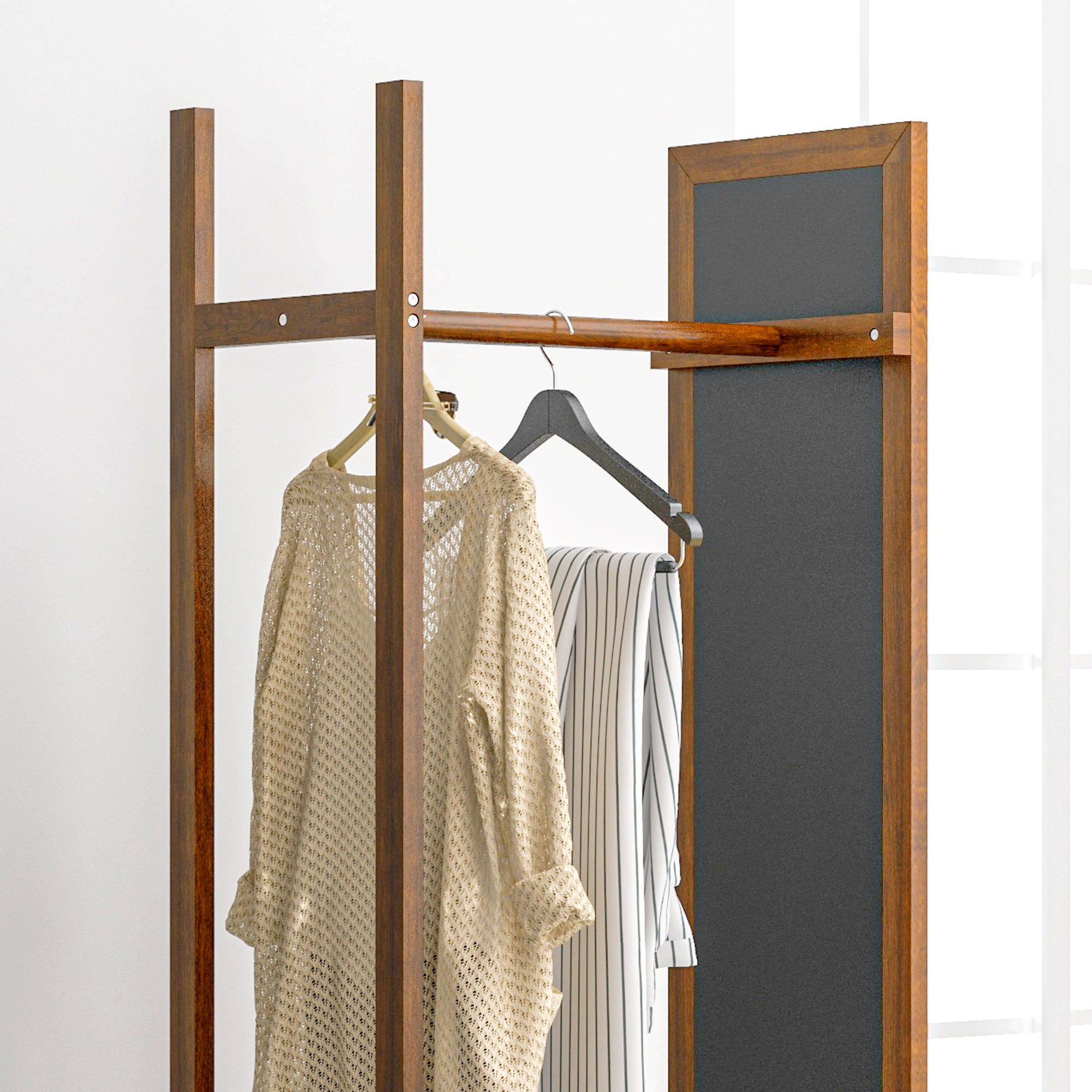 2-in-1-Spiegel Spiegel Ganzkörperspiegel Garderobe, 1 Kleiderstange, 3 Regale, 35,8 x 59,8 x 170 cm, Natur