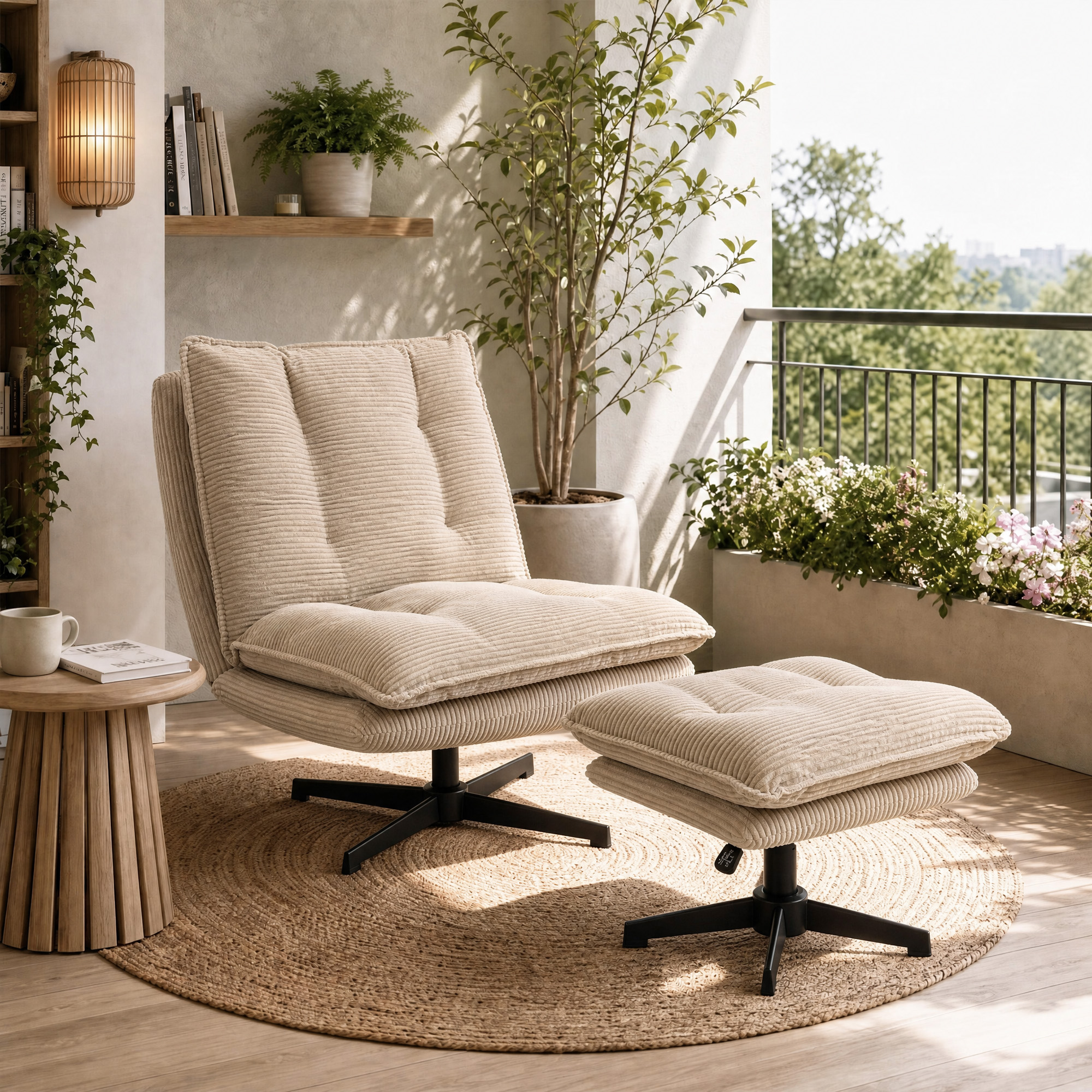 Loungesessel mit Hocker, 360° drehbar, Cordbezug, höhenverstellbare Fußstütze, Beige