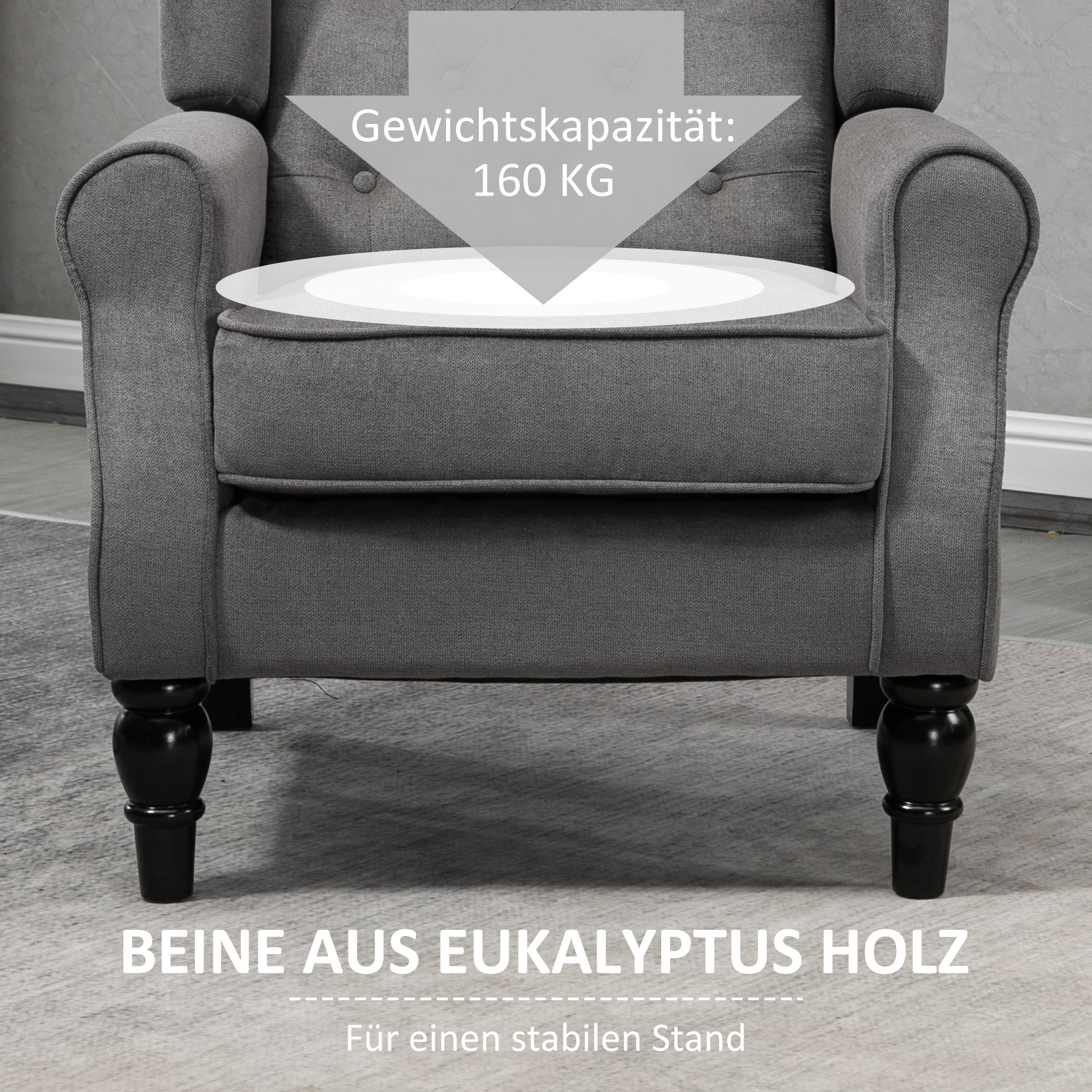 Ohrensessel im Vintage-Design, Lesesessel, Akzentsessel, Holzbeine, Knopfheftung, Grau + Schwarz