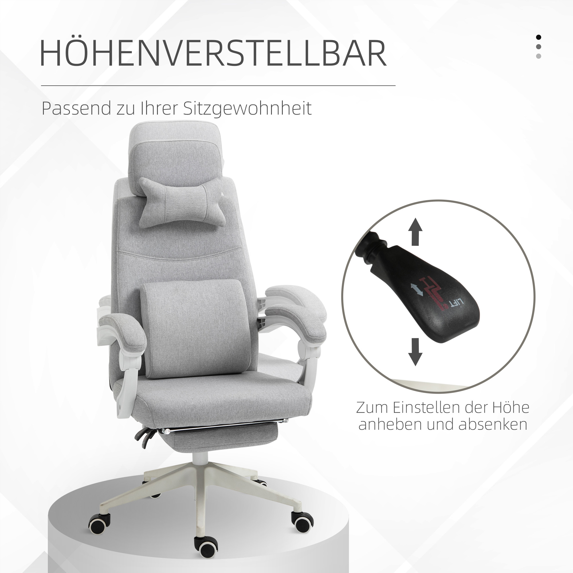 Bürostuhl, Ergonomischer Schreibtischstuhl mit Kopfkissen, Lendenkissen, höhenverstellbar Gamingstuhl mit Fußstütze, hoher Rückenlehne, Grau 62 x 68 x 117-127 cm