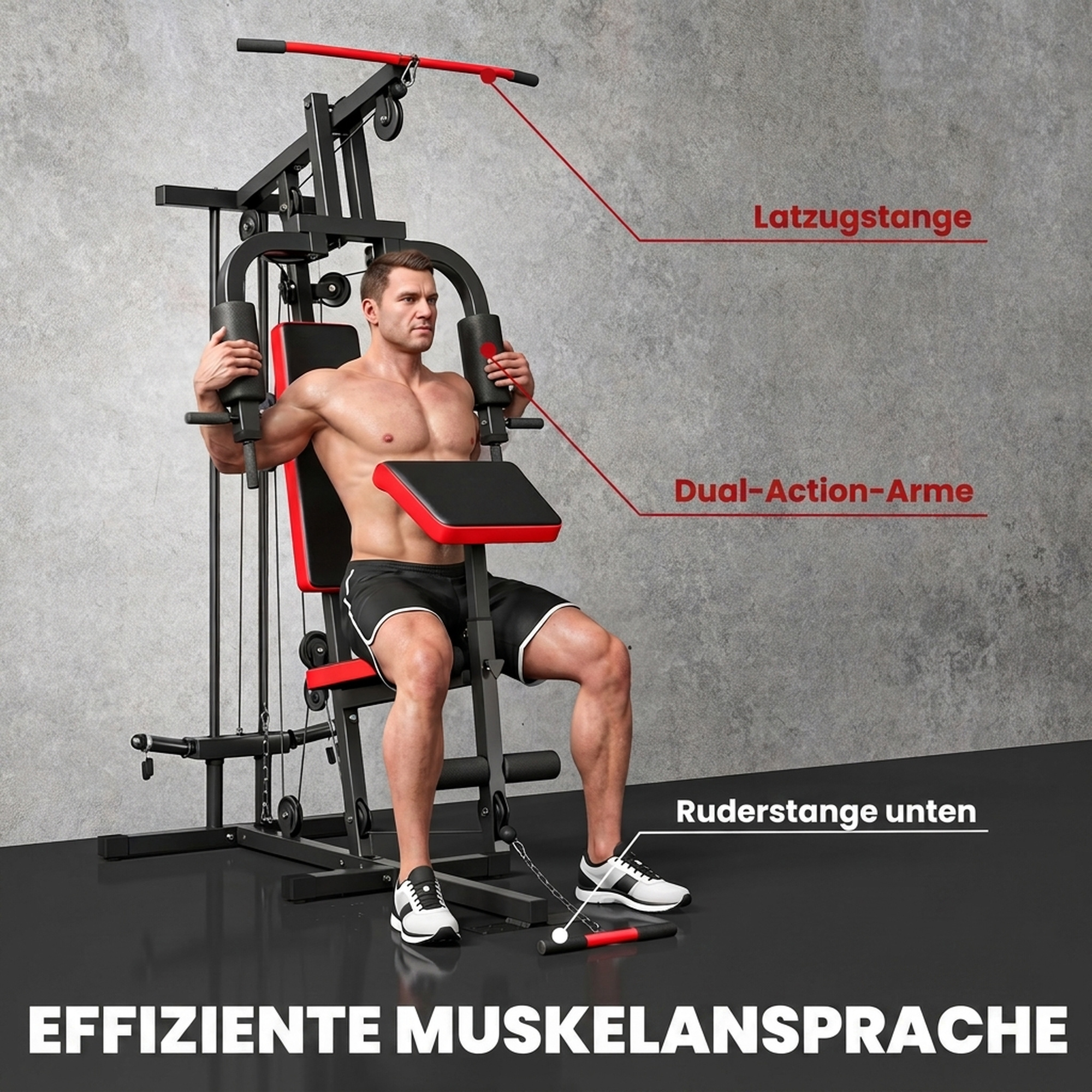 Kraftstation Fitnessstation mit Latzug, Butterflystange, verstellbar Preacher Bank, Beintrainer, bis 120kg Schwarz+Rot