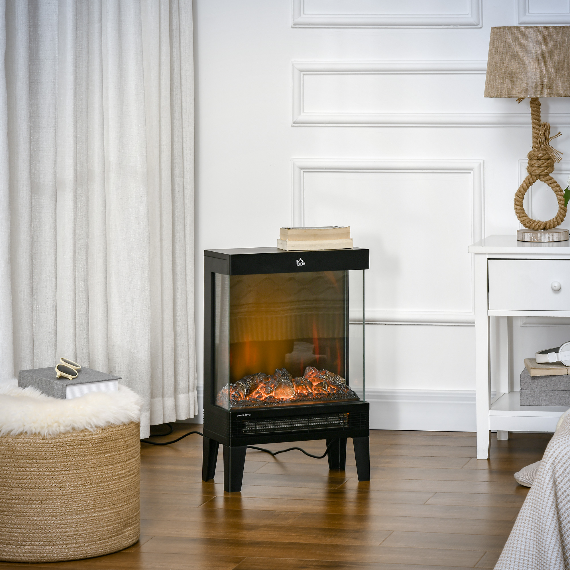 Elektrokamin, 2000 W, Standkamin mit HeizungLED 3D-Flammeneffekt, 4 Helligkeitsstufen, Elektrischer Kamin mit Thermostat, Überhitzungsschutz, Schwarz
