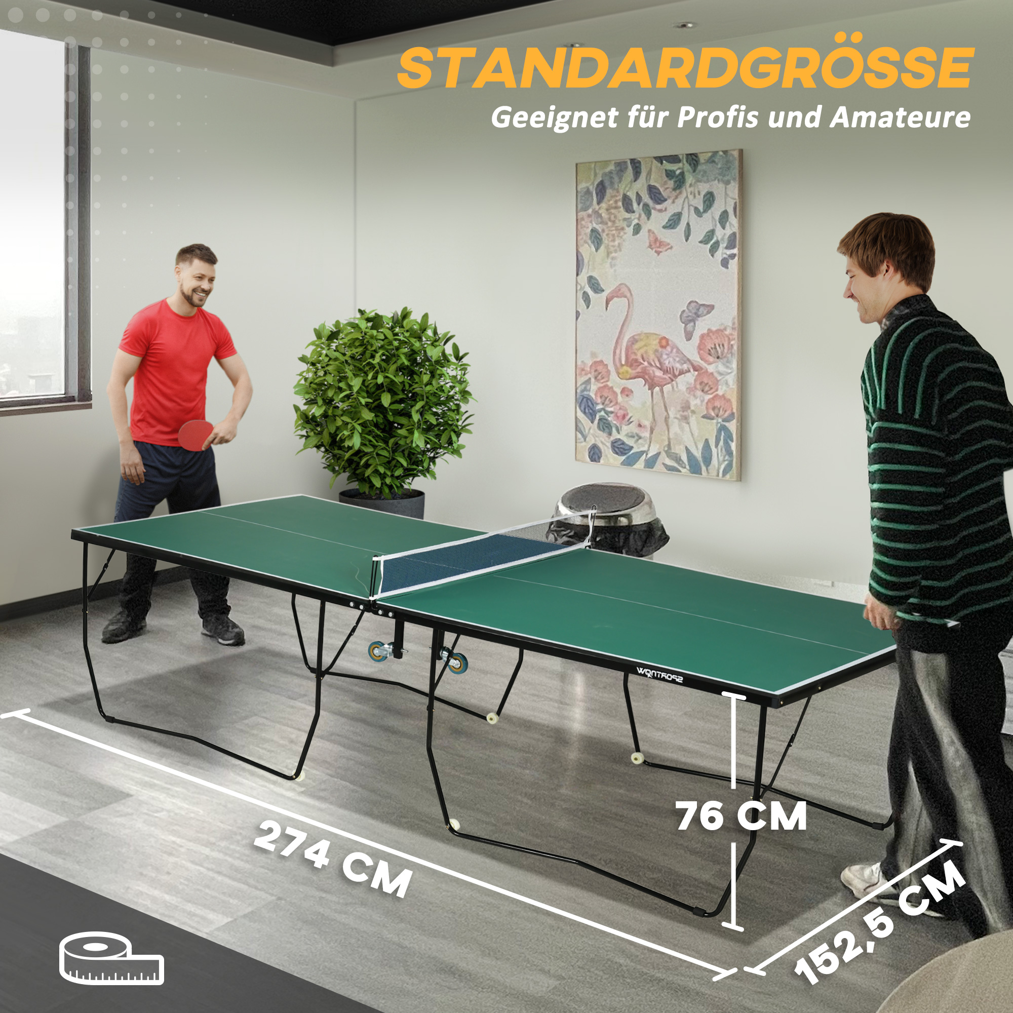 Tischtennisplatte Tischtennis-Set, klappbar, 8 Rollen, inkl. Schläger u. Bälle, 274 cm x 152.5 cm x 76 cm, Grün