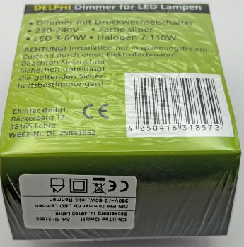 DELPHI Dimmer für LED Lampen / 250V~/ 3-60W, inkl. Rahmen, UP, silber