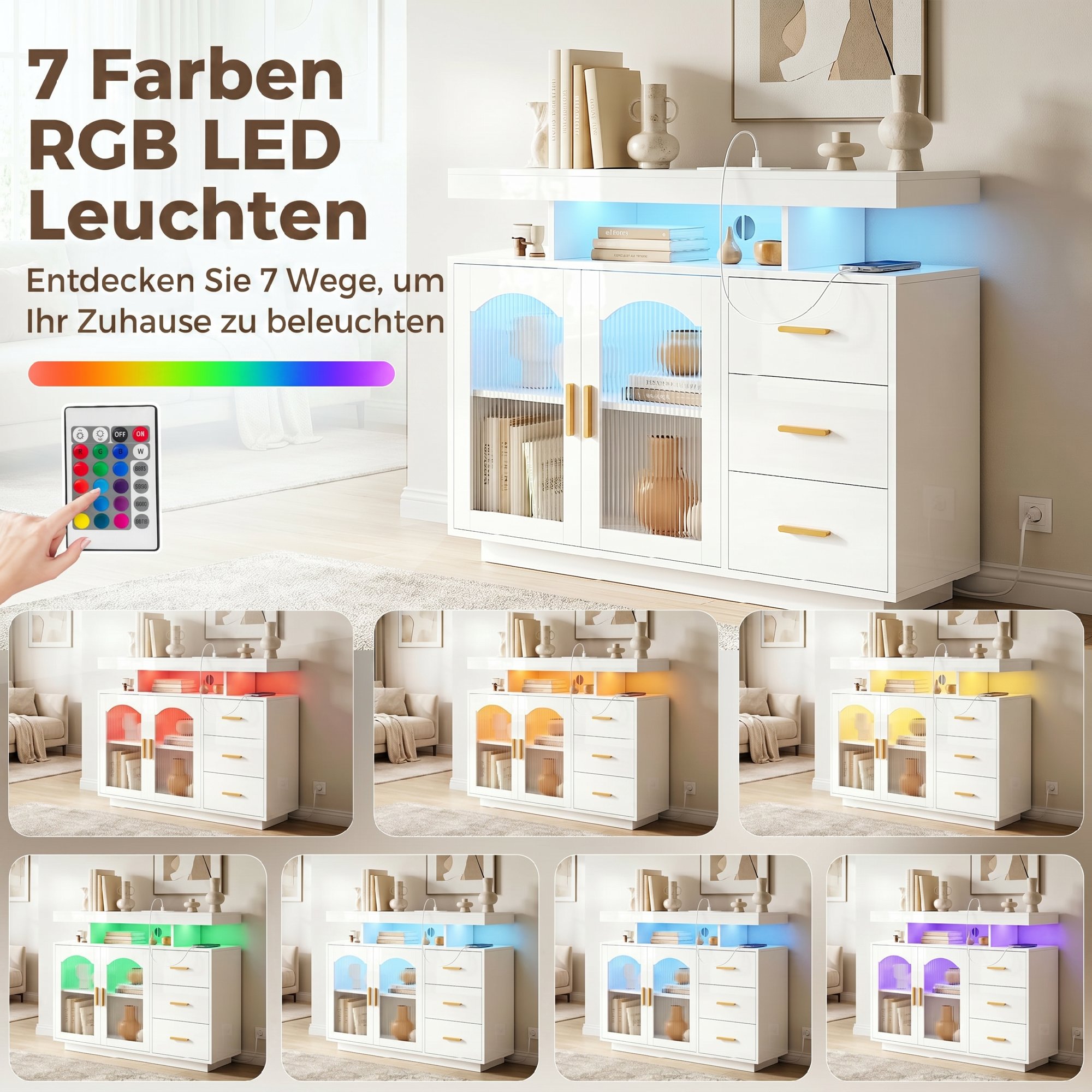 Sideboard mit LED-Beleuchtung, eingebauten Steckdosen, 3 Schubladen, Regalen und 2 Acryl-Türen, Hochglanz Weiß