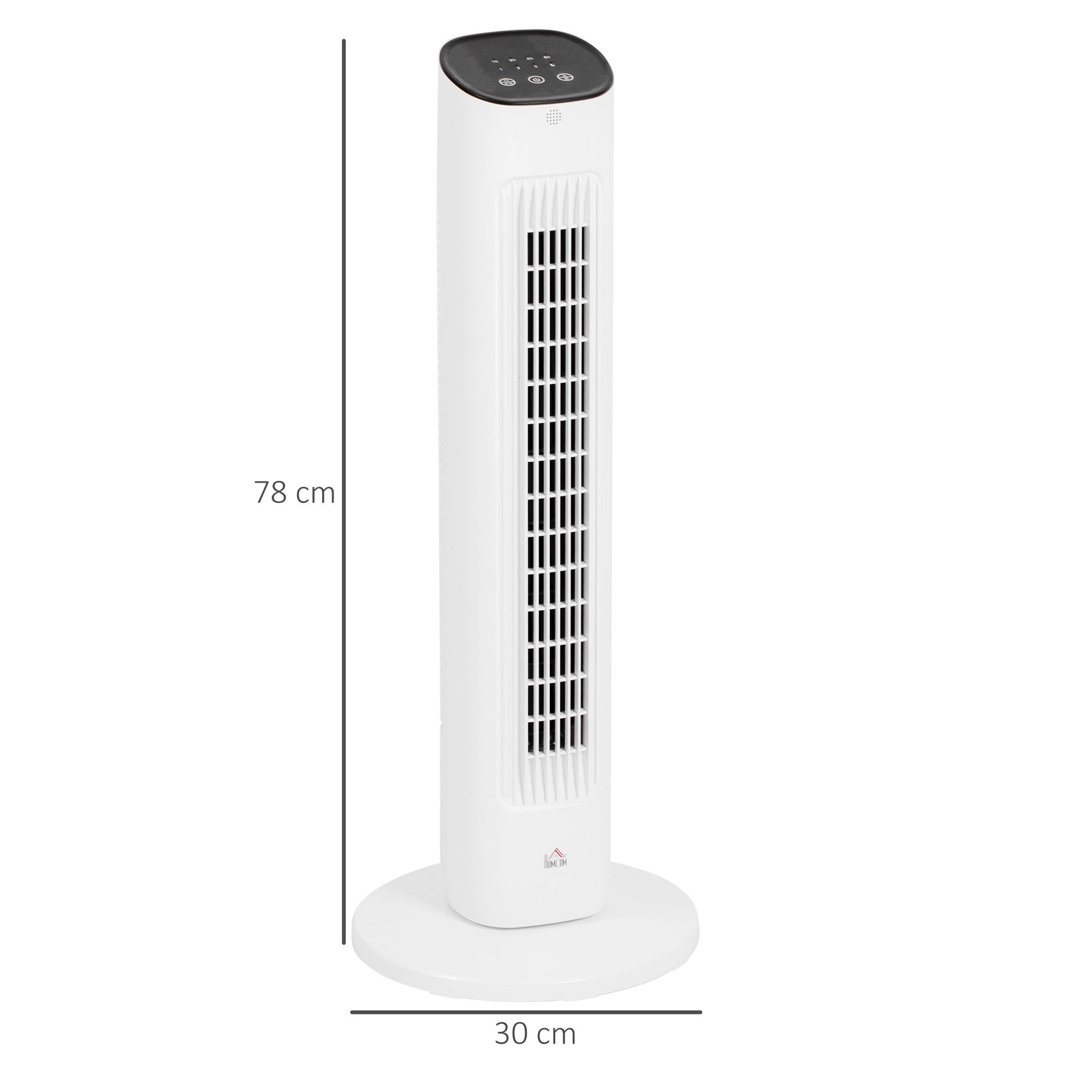 85° oszillierender Turmventilator mit Fernbedienung 3 Geschwindigkeiten 2 Modi Timer LED-Display 30x30x78 cm Weiß