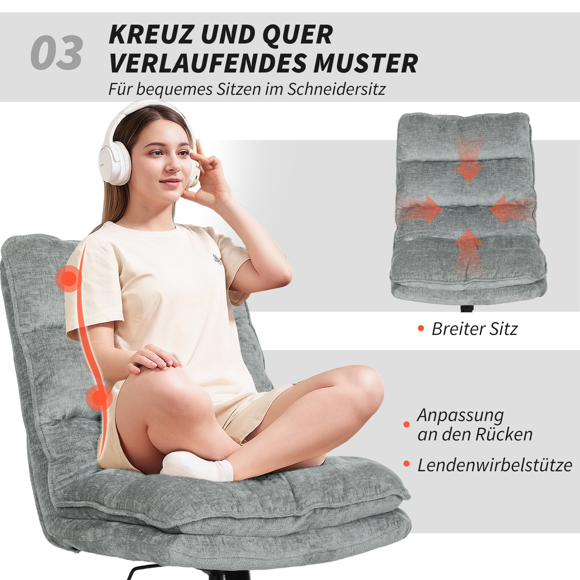 Armloser Polsterstuhl, drehbarer gepolsterter Bürostuhl mit weichem Stoffbezug, höhenverstellbar, Stahlbeine, Grau