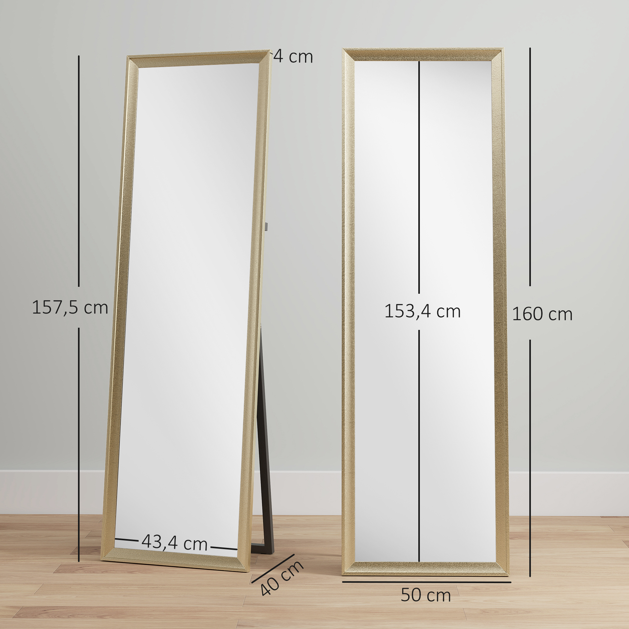Ganzkörperspiegel, flexibel platzierbar, 160 x 50 cm, Goldton