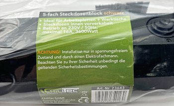 5-fach Steckdosenblock, schwarz, 250V~/ 16A, Aufbaumontage