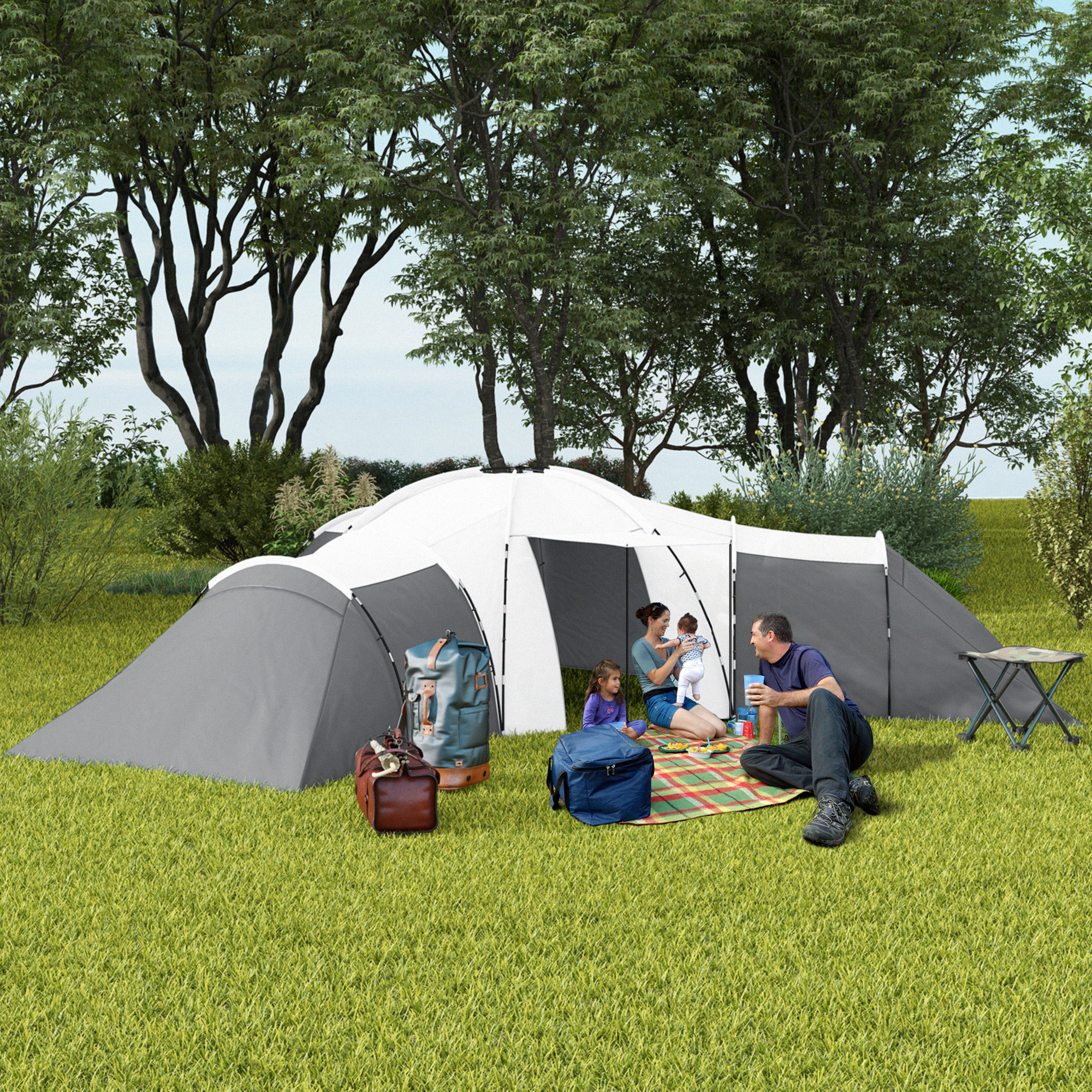 Campingzelt für 6-9 Personen, 4 Räume, Vorzelt, wasserdicht, 615x 615x225cm, Grau