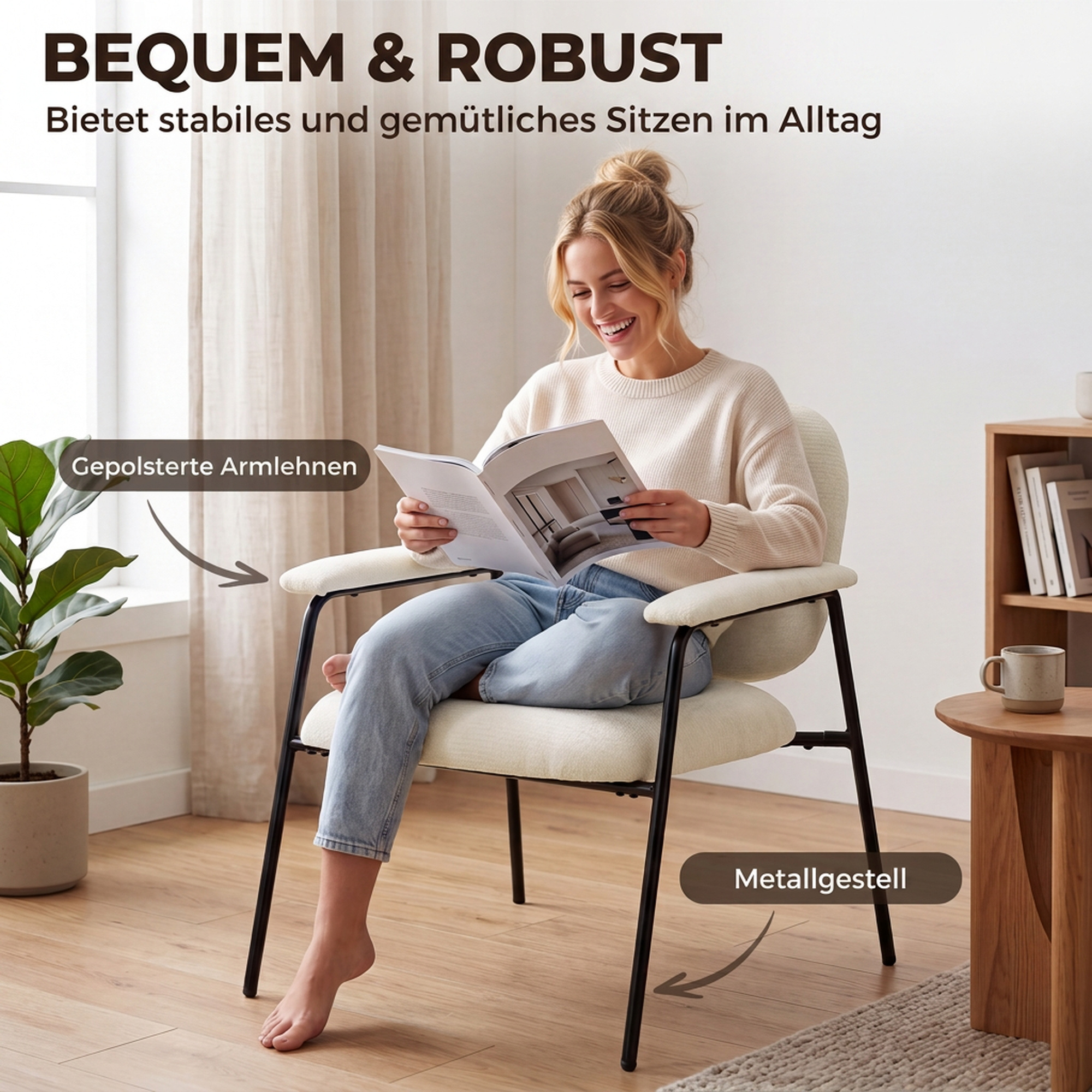 modernes 2er-Set Sessel, Chenille-Bezug, gepolsterte Armlehnen, Metallgestell, cremeweiß