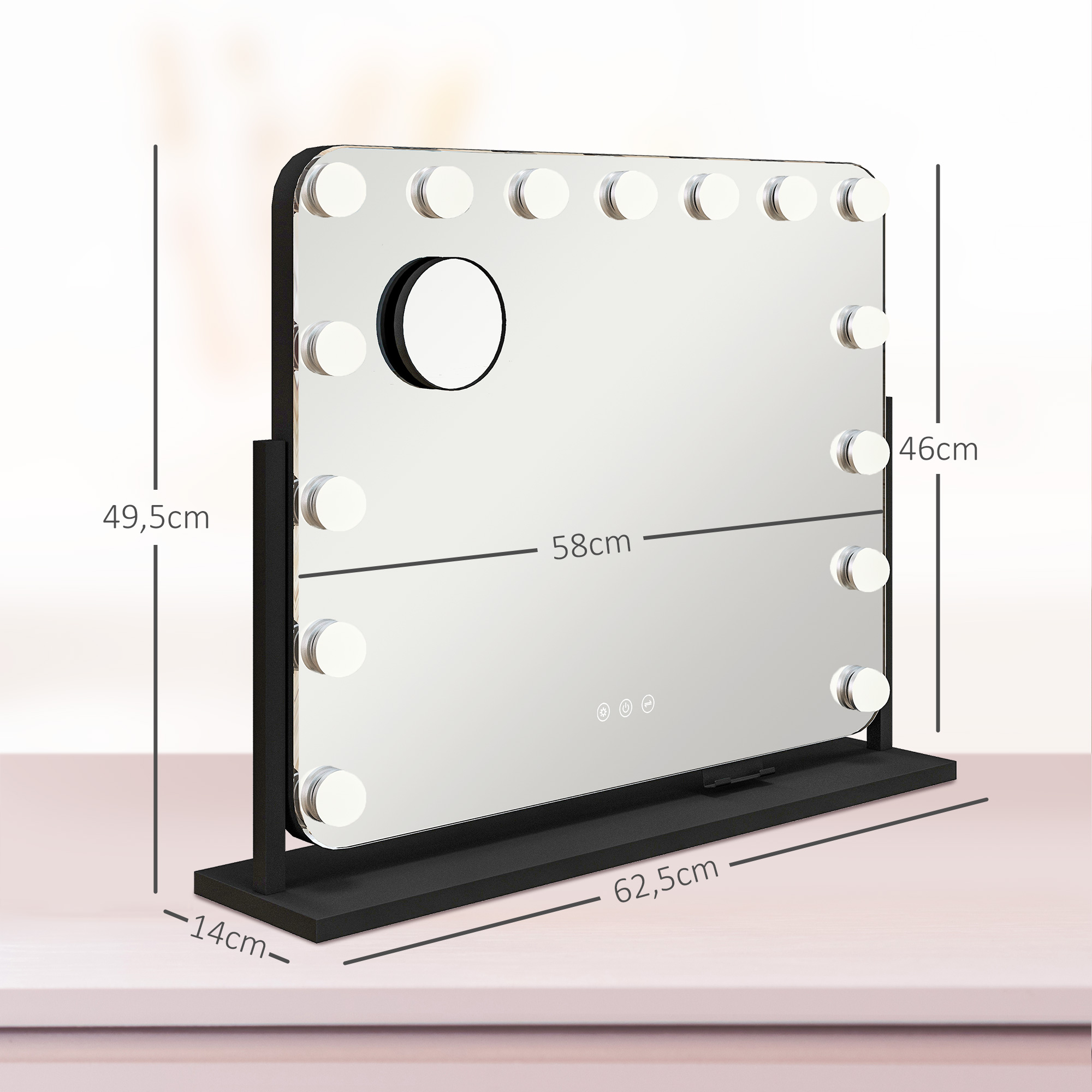 LED Kosmetikspiegel, 3 Lichtmodi, dimmbar, Touchsteuerung, USB, 62,5x49,5cm, Schwarz