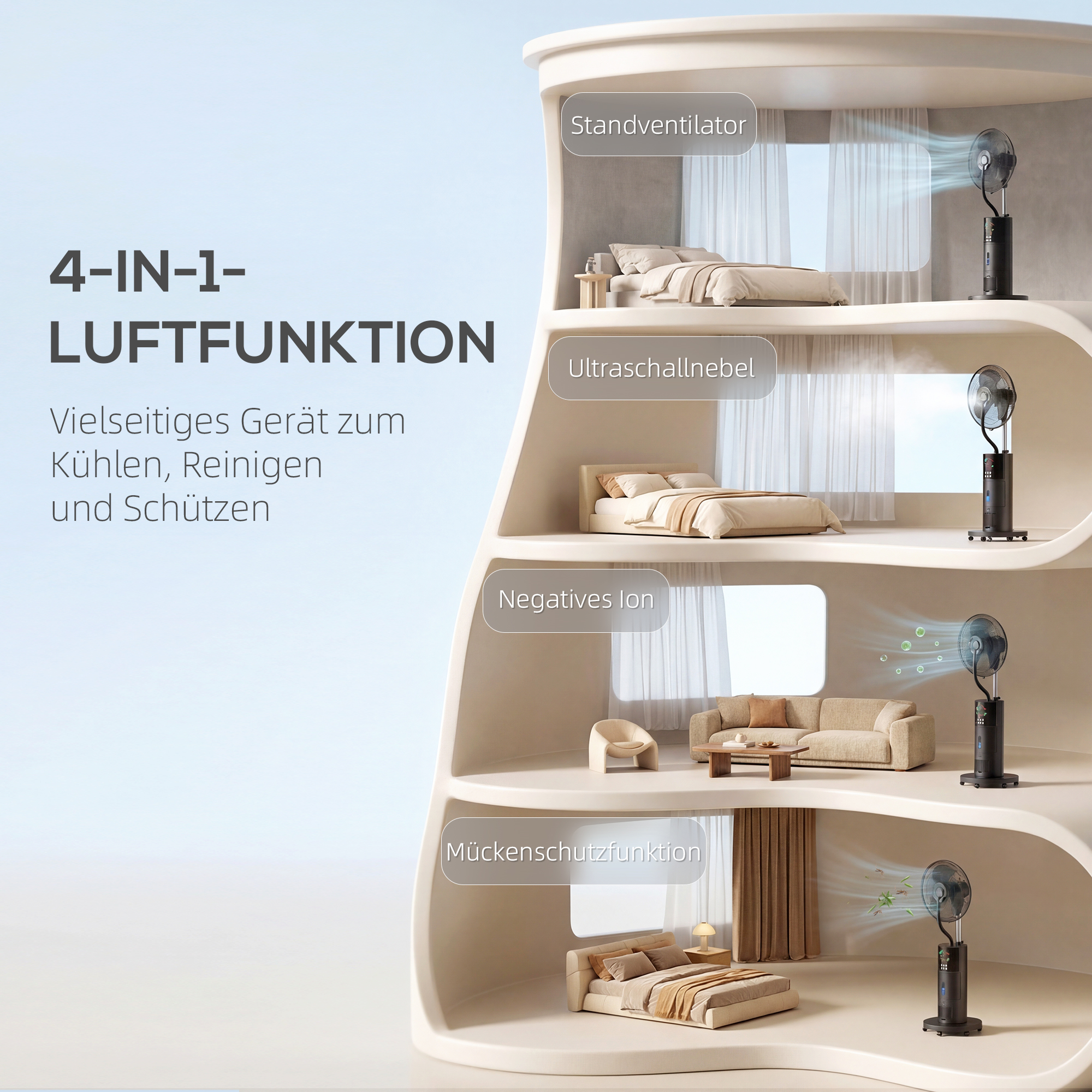 4-in-1 Standventilator mit Wassernebel Luftreiniger Mückenschutz 9-Stunden-Timer 3 Modi Fernbedienung Schwarz