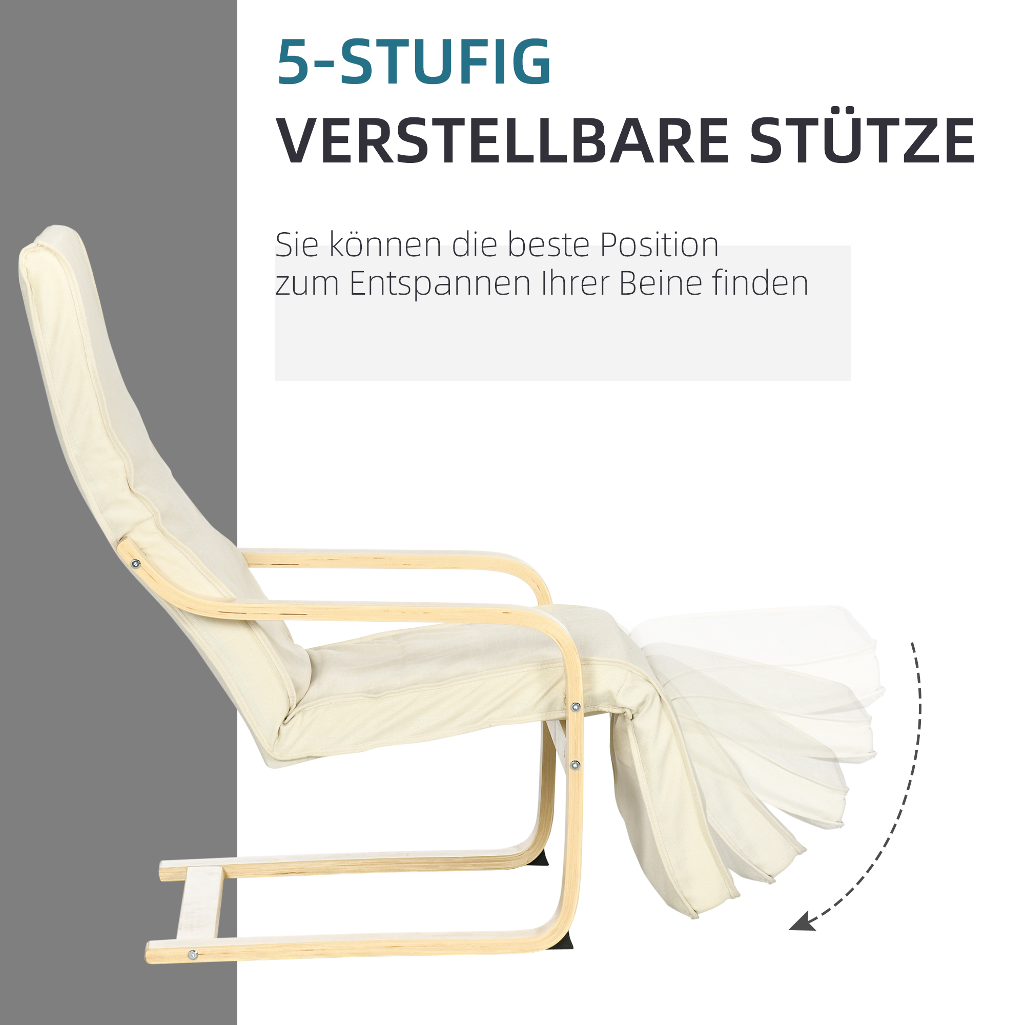 Liegestuhl mit Auflage, 5-stufige Fußstütze, Birkenholz, bis 120 kg, 66,5 x 94 x 100 cm, Cremeweiß