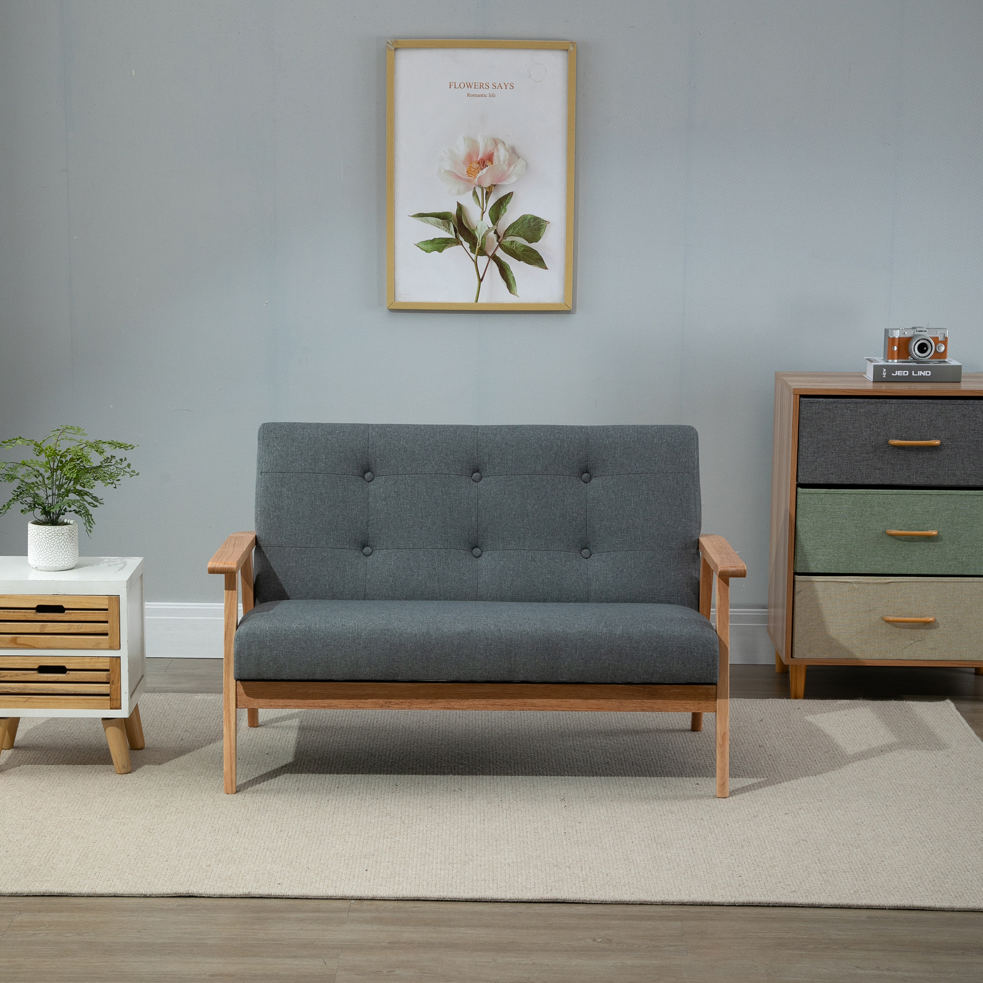 2-Sitzer Sofa, Couch mit Armlehnen, Rückenkissen, Wohnzimmersofa mit Leinenoptik, Polstersofa für Wohnzimmer, Schlafzimmer 115 x 66,5 x 73 cm, Dunkelgrau