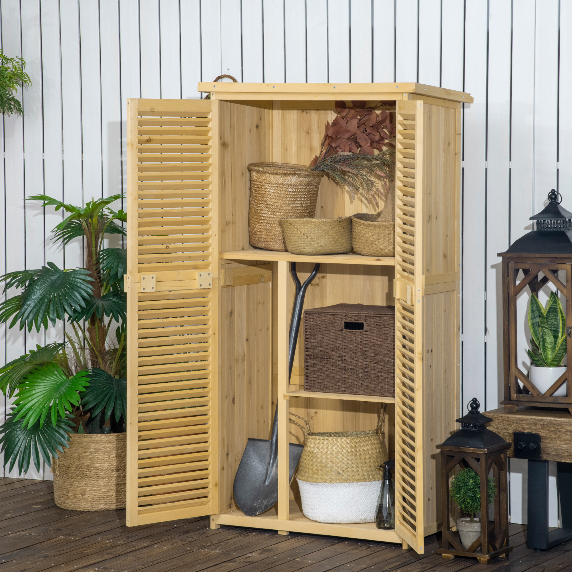 Gartenschrank Holz Geräteschuppen Gerätehaus mit Asphaltdach Lamellentür Geräteschrank Schuppen Garten 4 Fächer Naturholz 87 x 46,5 x 160 cm