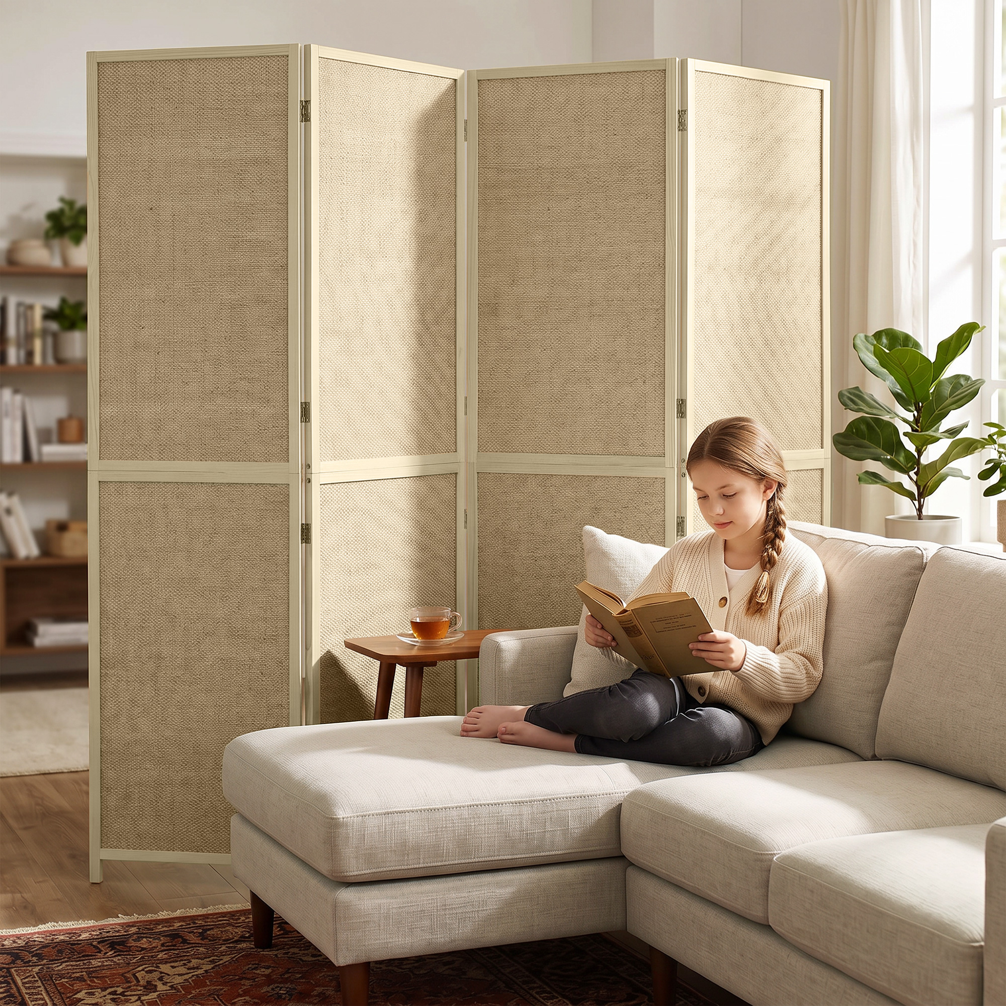 Paravent mit 4 Paneelen, faltbare Trennwand aus handgeflochtenem Bambus, 180 x 180 cm, Natur
