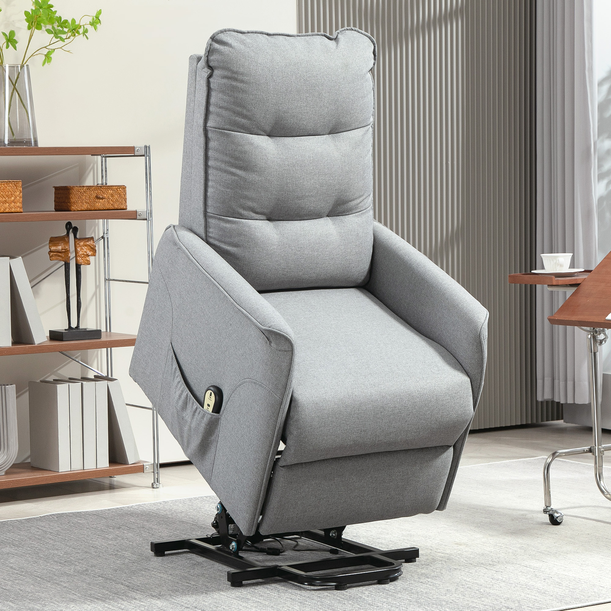 Aufstehsessel, Recliner-Sessel mit Aufstehhilfe, elektrischer Relaxsessel mit Fernbedienung, Seitentasche, Grau