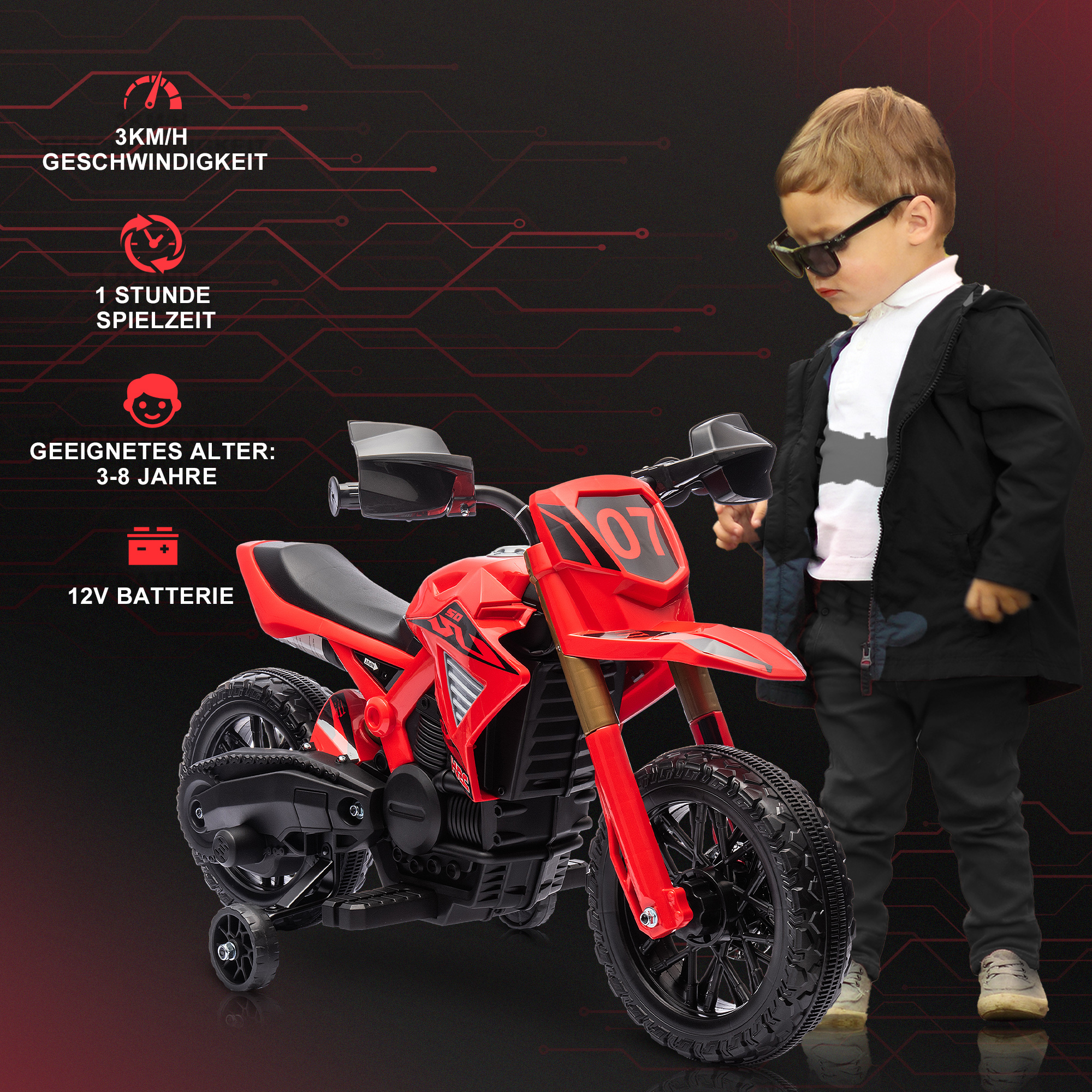 Elektro-Motorrad für Kinder, 6V Batterie-Antrieb, Stützräder, Hupe, Startgeräusch, 3-8 Jahre, Rot