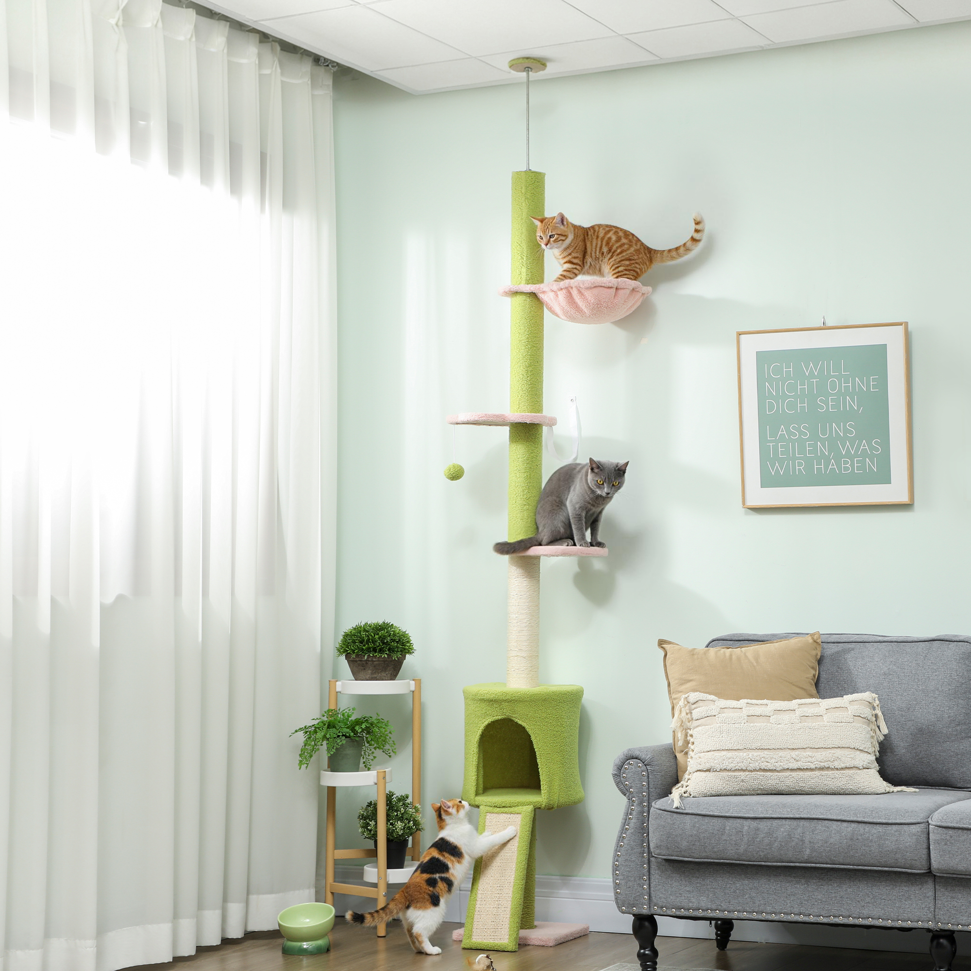 Katzenbaum, Höhle, Hängematte, verstellbare Höhe, Kratzbaum mit Stoffbezug, Grün
