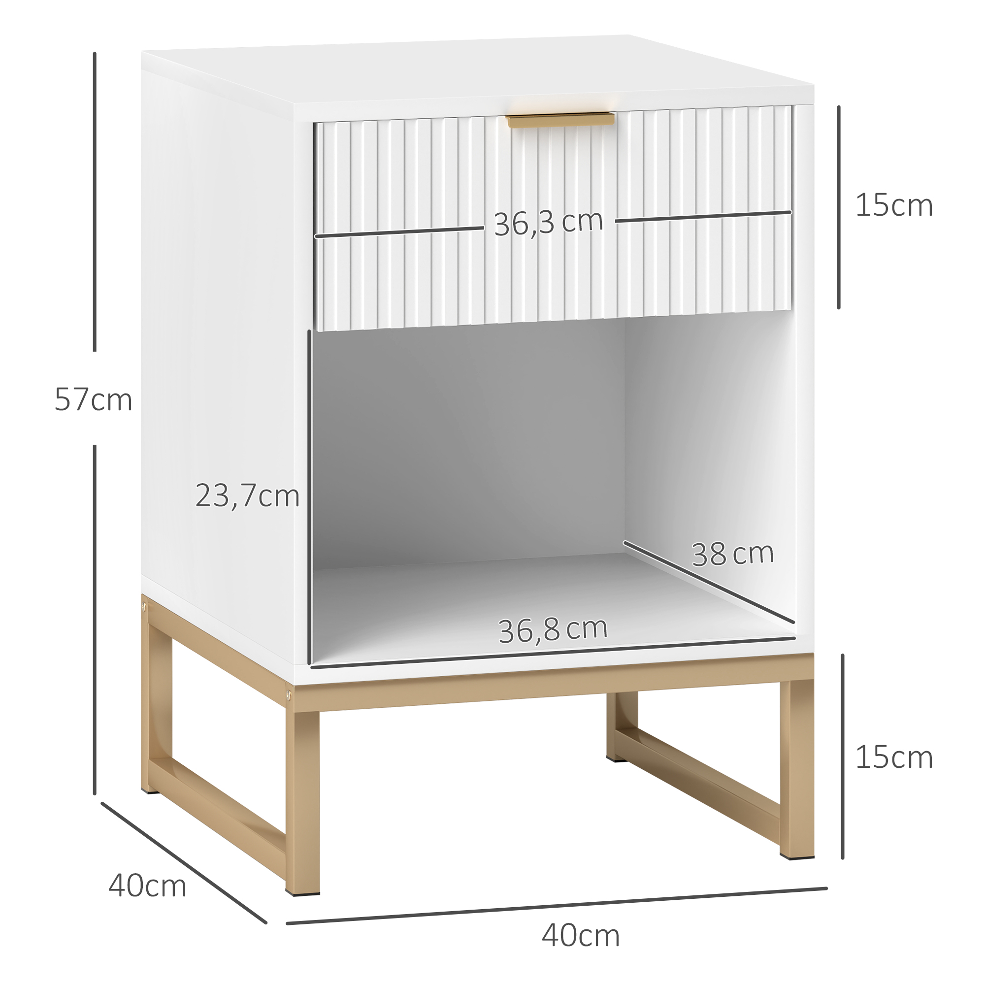 Nachttisch mit Schublade und Regal, Stauraum und Metallbeinen, für Schlafzimmer, Wohnzimmer, Weiß