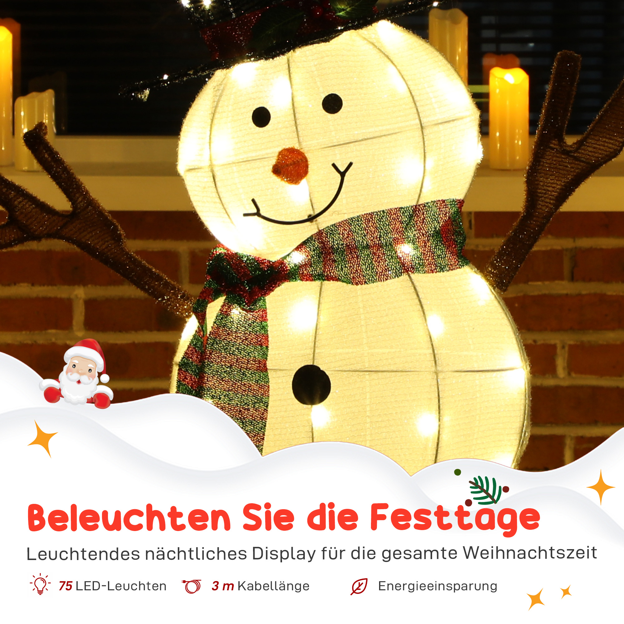 Fröhliche Schneemann-Dekoration für Weihnachten, Außendekoration mit LED-Lichtern, Stahl, Polyester, Weiß+Schwarz