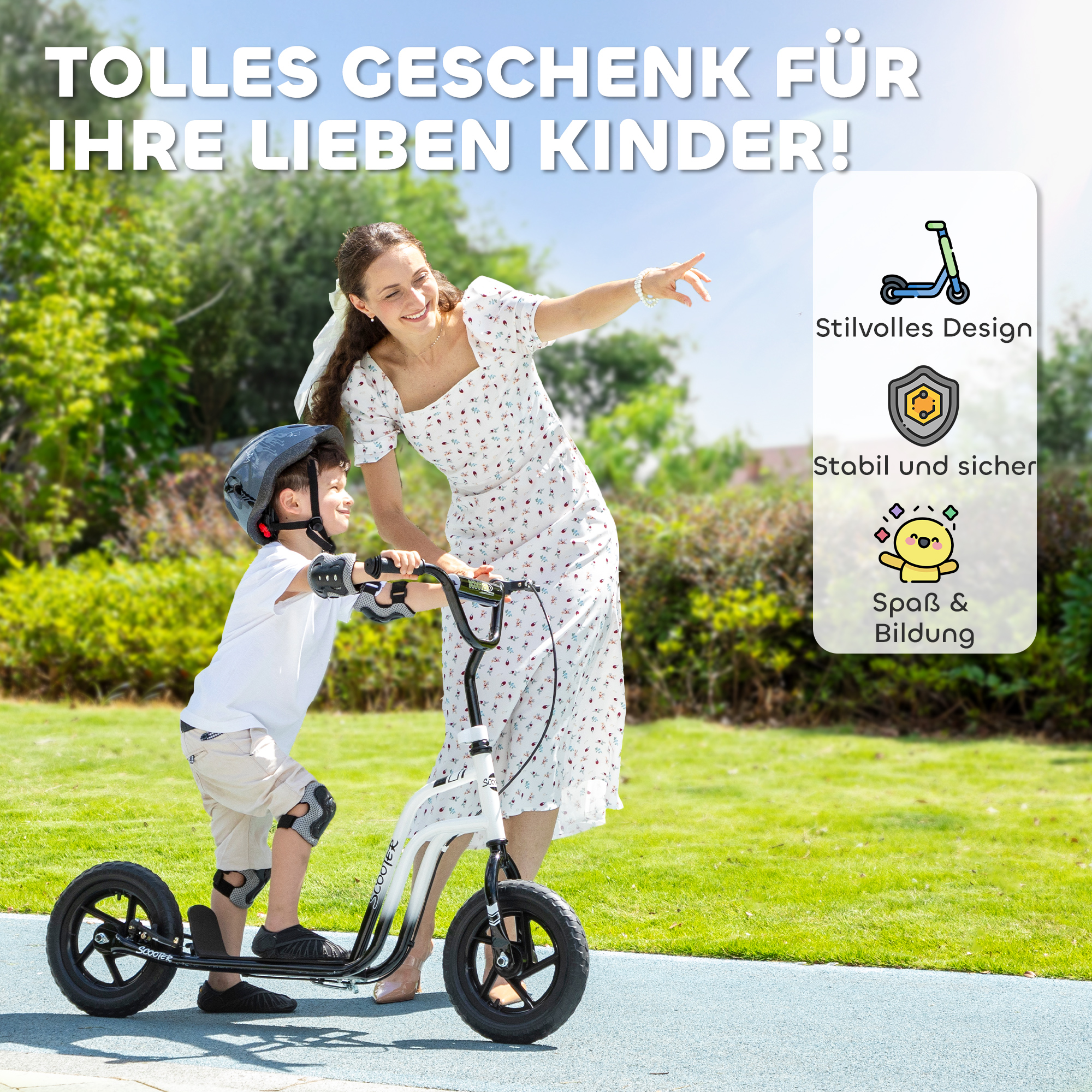 Kinderroller mit verstellbarem Lenker, große Räder, Parkständer, Handbremse, für Kinder im Alter von 5-12 Jahren, Weiß