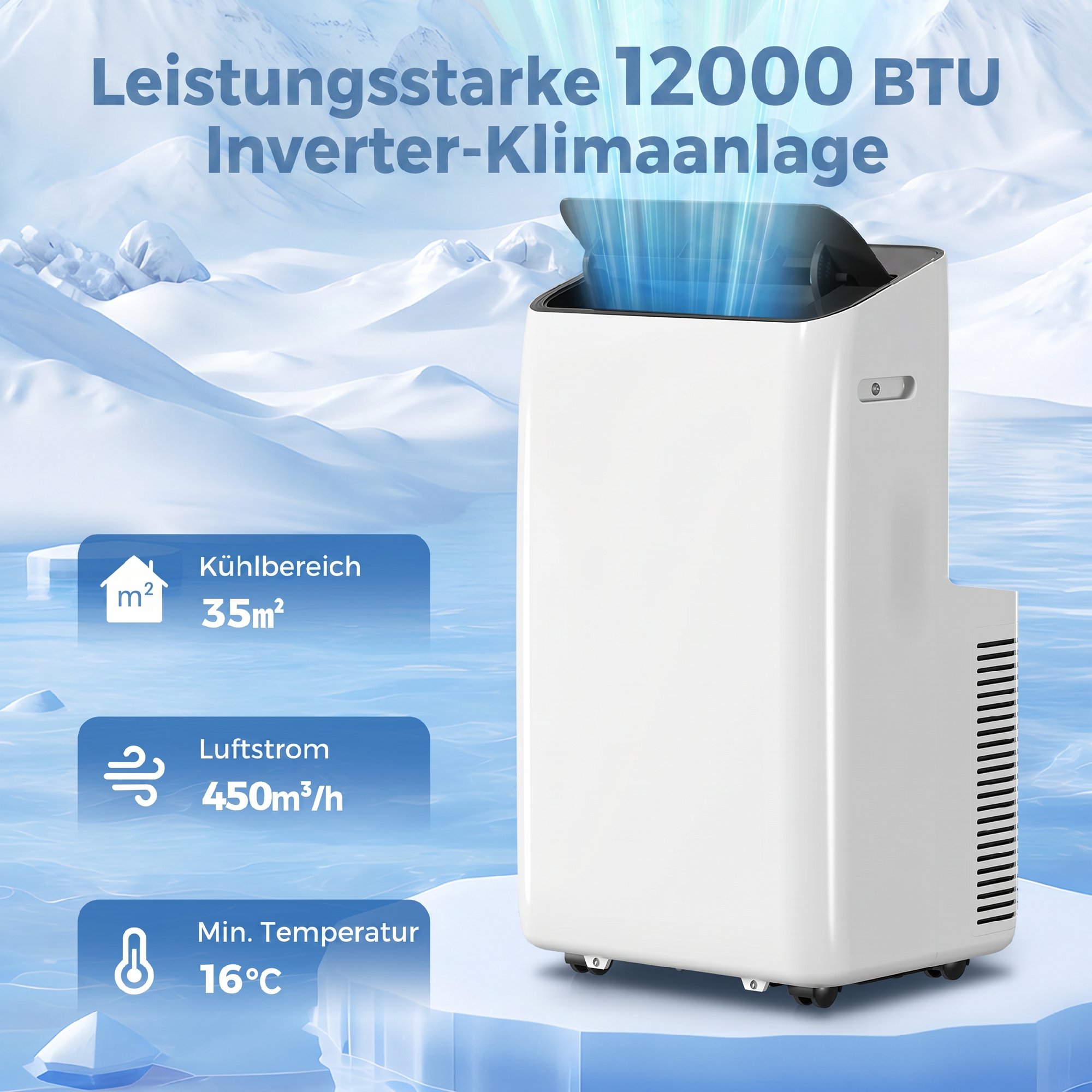 Mobiles Klimagerät 12.000 BTU mit Inverter-Technologie, Klimaanlage mit 60° Schwenkfunktion, 24H-Timer, Fernbedienung