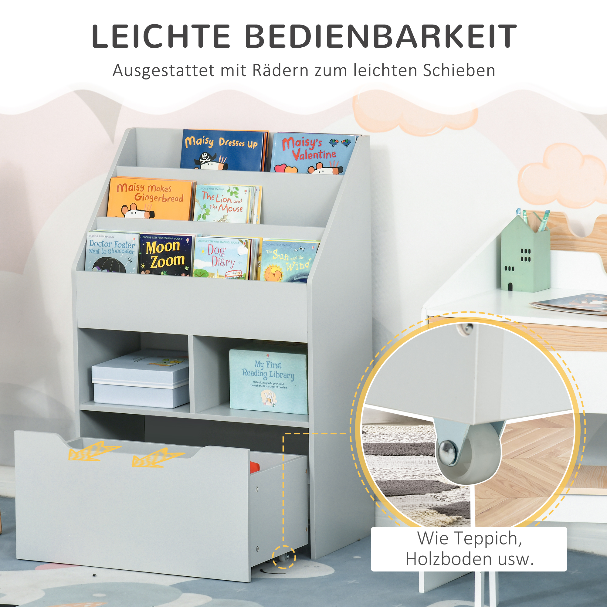 Kinderregal mit Schublade, Bücherregal mit Fächern, 60 x 29,9 x 90 cm, Grau
