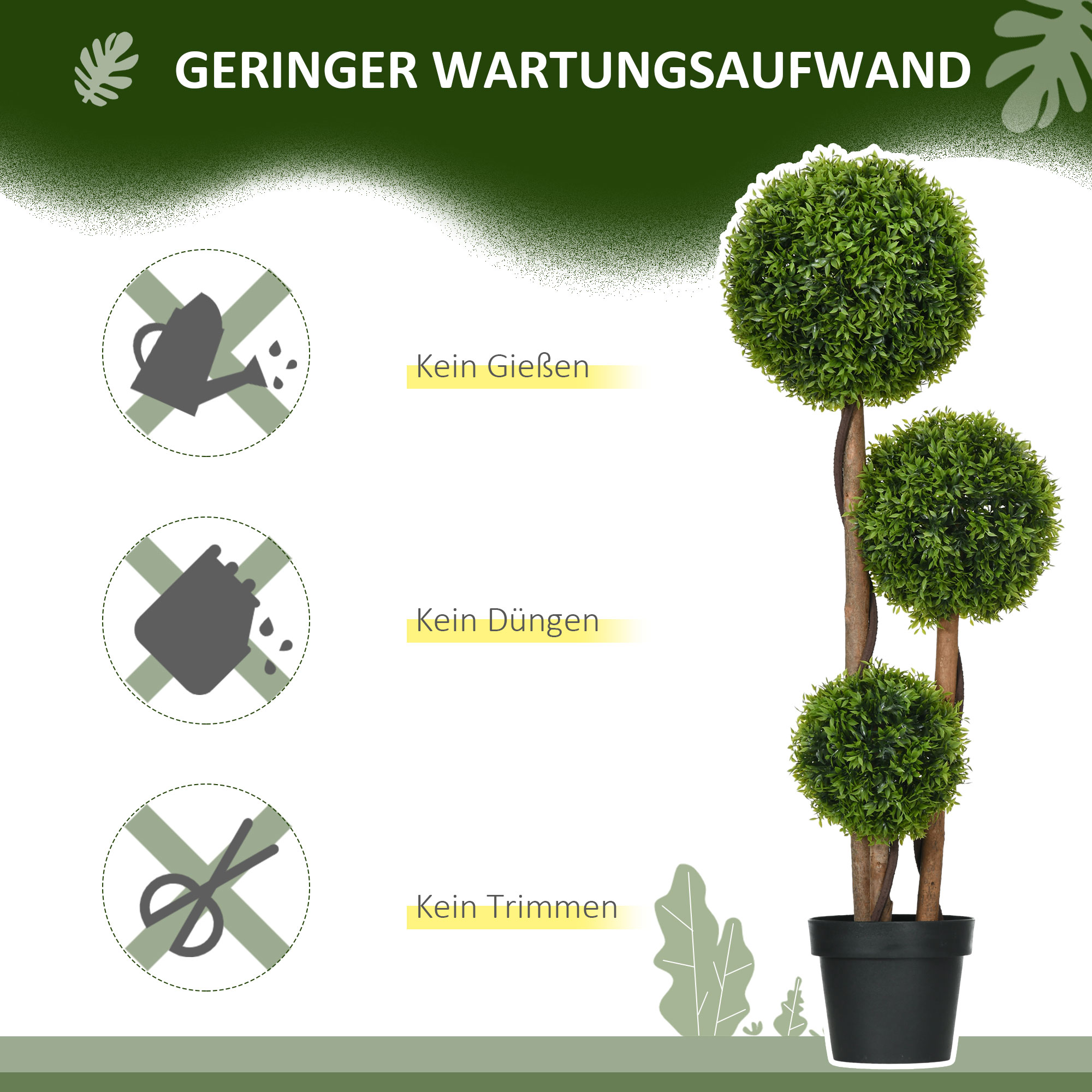 Künstlicher Buchsbaum groß 110cm, UV-beständige Kunstpflanze mit 3 Kugeln für Wohnzimmer Schlafzimmer Büro Garten