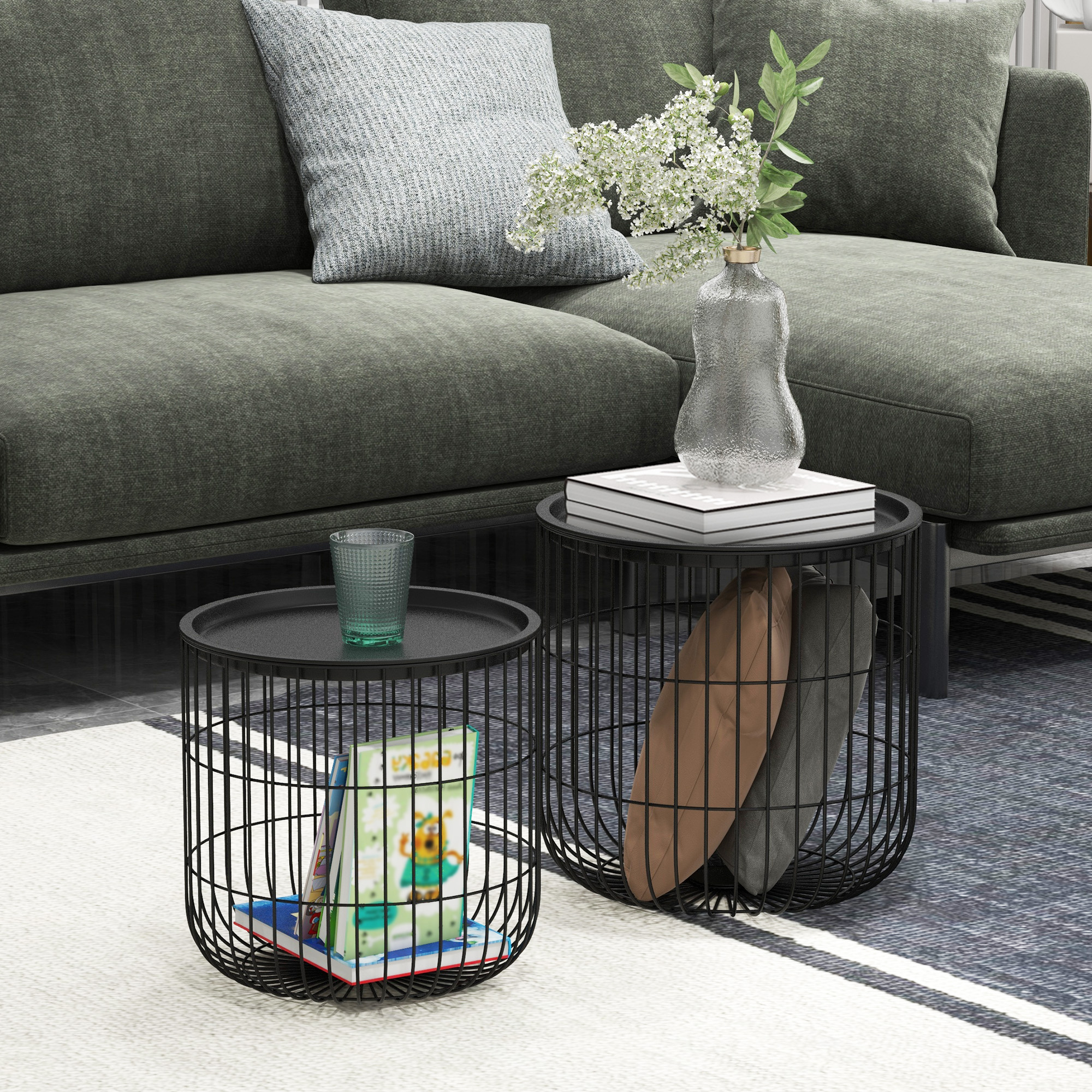 2er-Set Beistelltische im Skandidesign, mit Stauraum, stapelbar, Schwarz