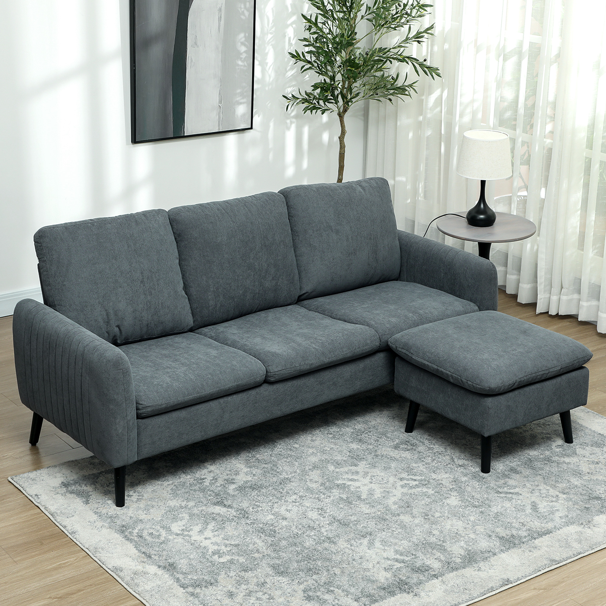 Ecksofa, 3-Sitzer-Sofa mit Fußhocker, Stoffbezug, L-förmiges Couch-Set, Dunkelgrau