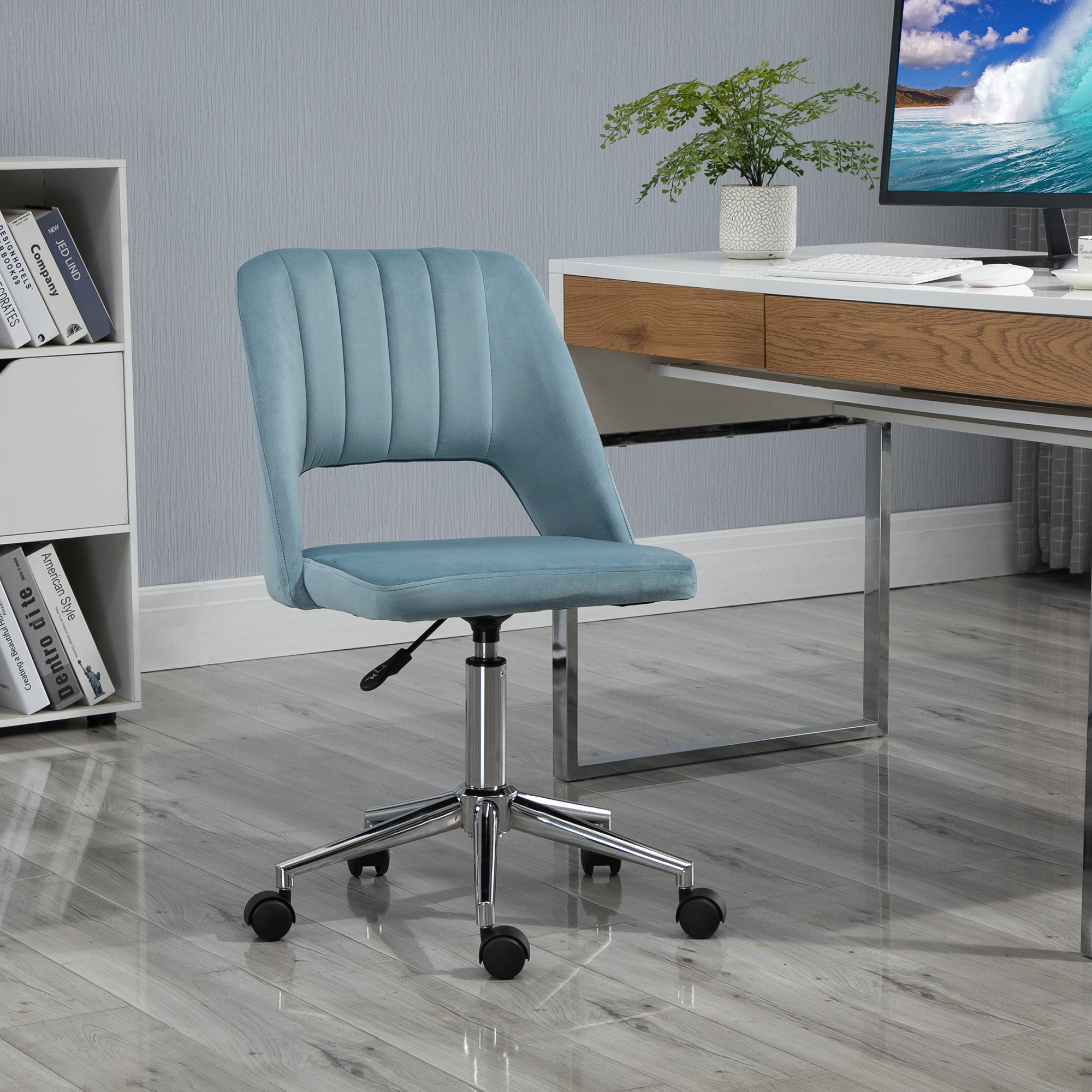 Schreibtischstuhl, Höhenverstellbar Homeoffice Stuhl ohne Armlehne, drehbar Bürostuhl mit Samtoptik, Ergonomisch Schminkstuhl für Schlafzimmer, Arbeitszimmer, Blau