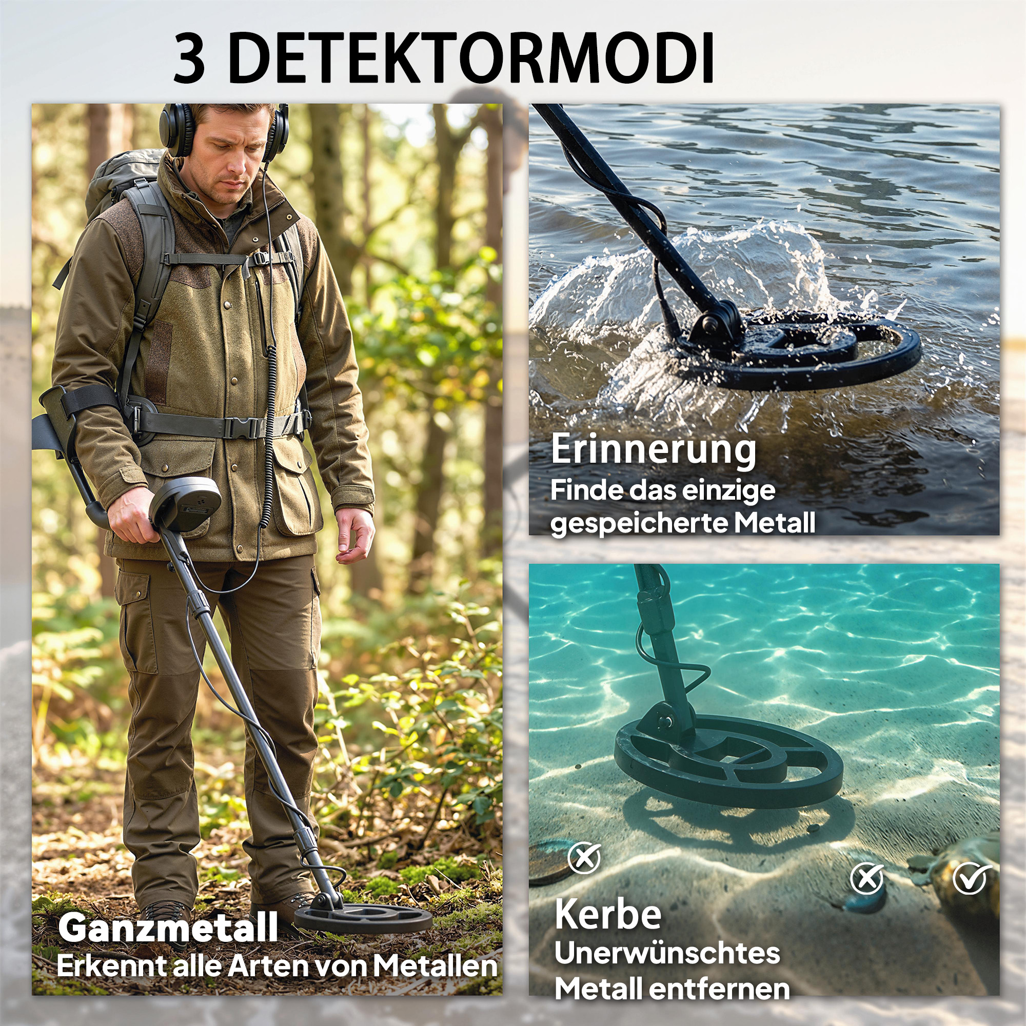 Metalldetektor IP68 Wasserdicht Metallsuchgerät mit 3 Modi Kopfhörer Schaufel Spule LCD-Display 7 Zoll Detektionstiefe