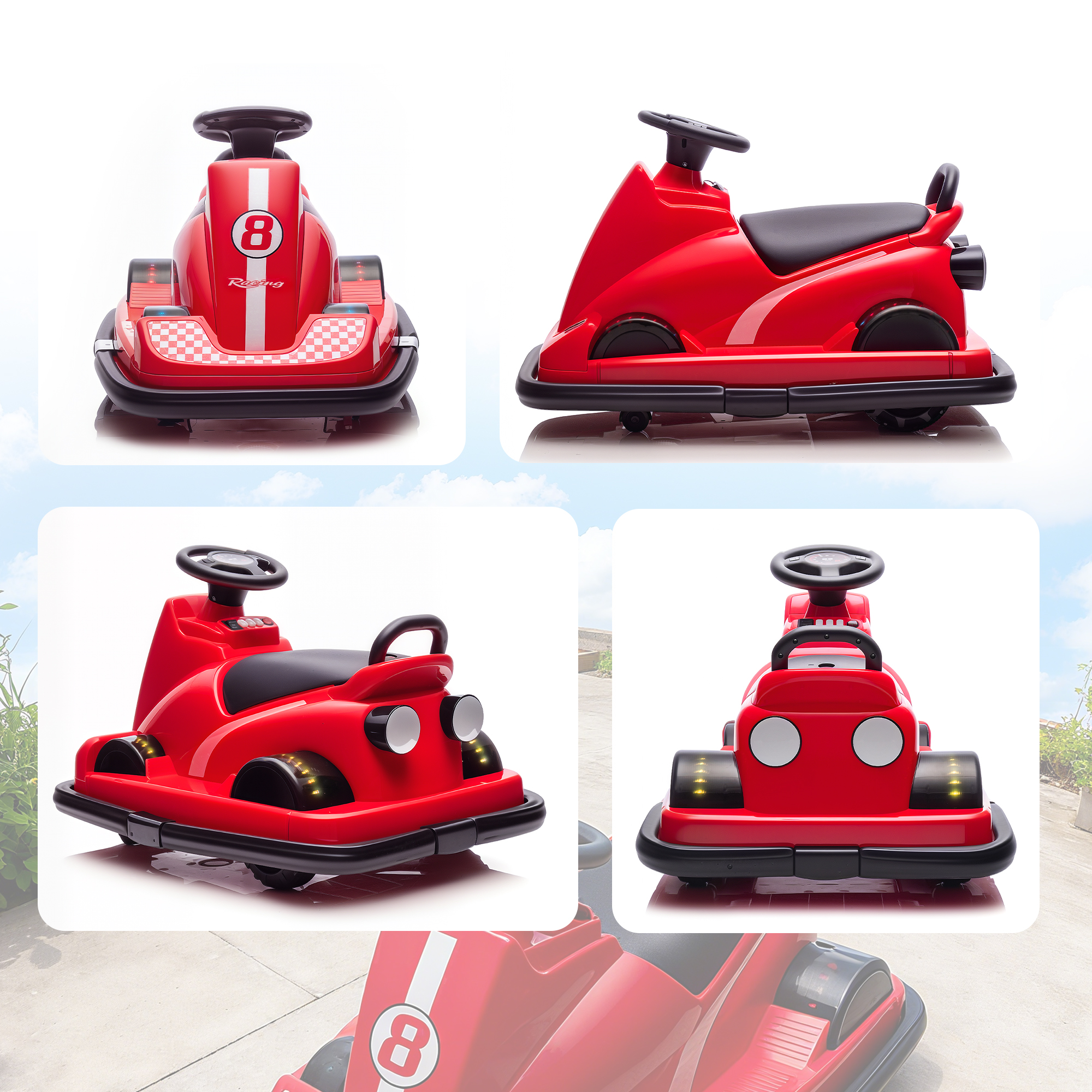 Autoscooter für Kinder, um 360 Grad drehbar, Lenkrad, LED-Lichter, Musikfunktion, 3-8 Jahre, Rot