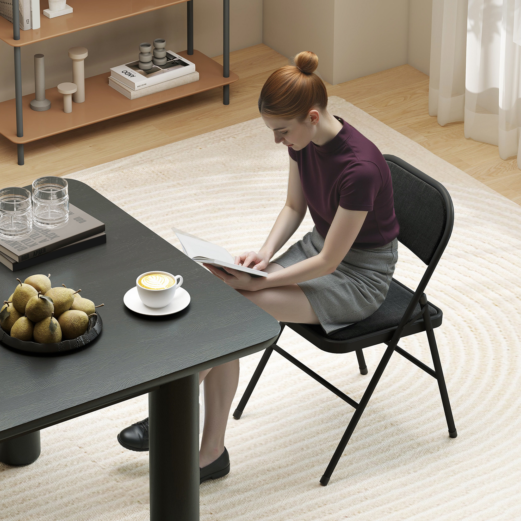 6er-Set Klappstühle, Tragbare Bürostühle, Metallbeine, Faltstuhl für Büro, Empfang, Wartezimmer, Leinenoptik, Schwarz